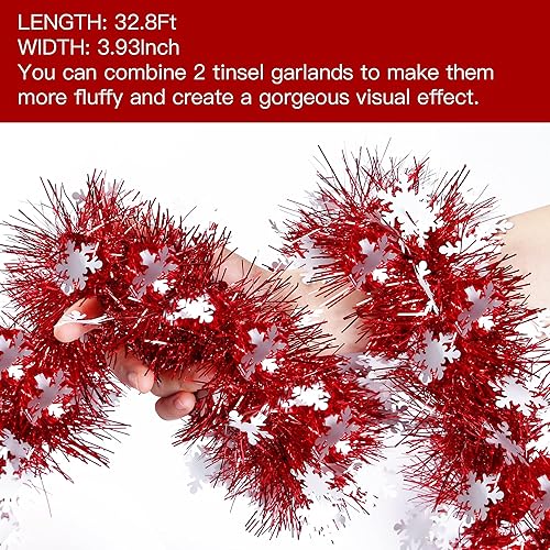 Miniatura 6 de Sggvecsy 32.8Ft Christmas Snowflake Tinsel Garland Xmas Tree Decorations Red Christmas Metallic Twist Garland Ceiling Hanging Decorations for New