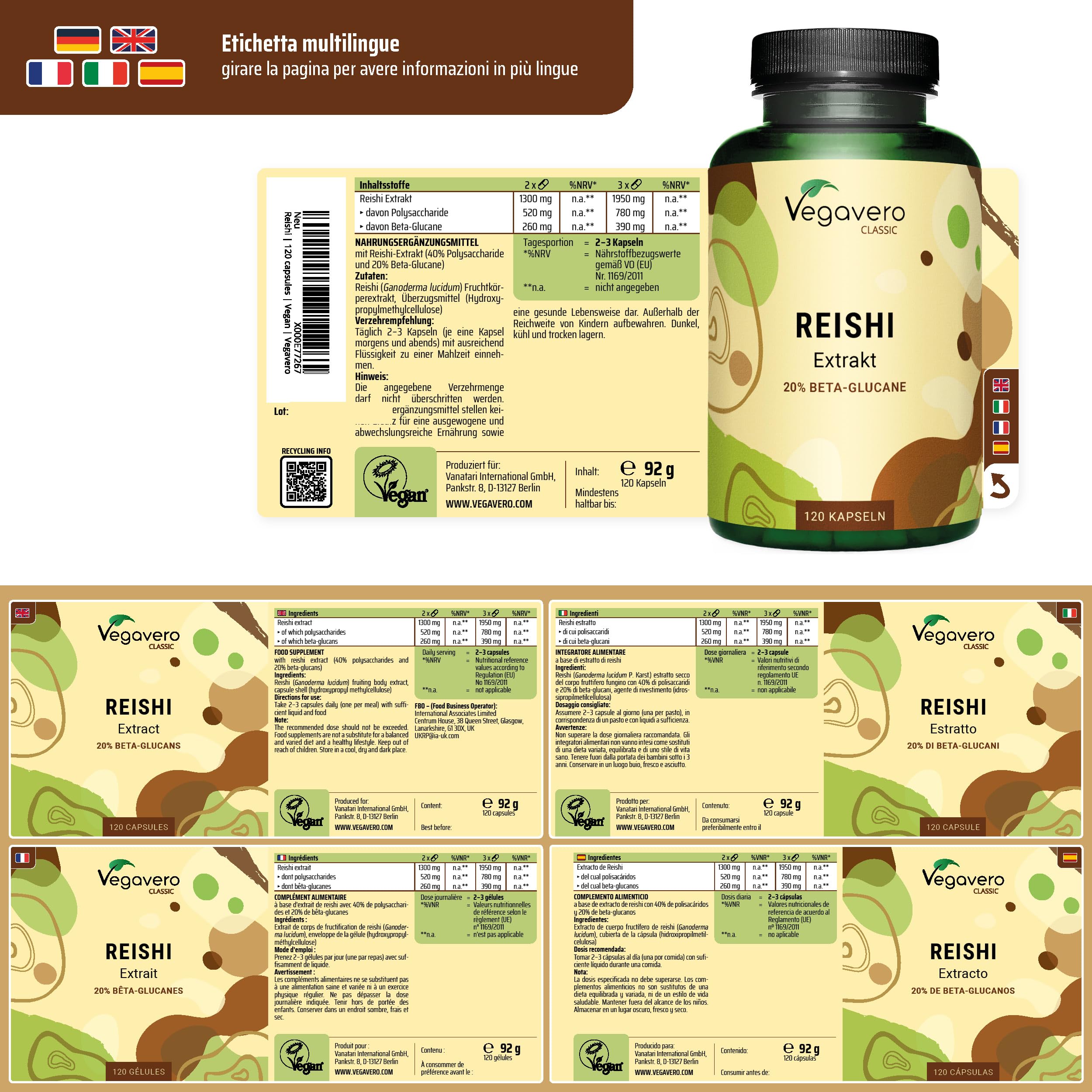 REISHI Vegavero | 27.300 mg (14:1) | con 40% Polisaccaridi + 20% Beta Glucani | Ganoderma Lucidum Puro | Analisi di Laboratorio | 120 capsule | Vegan