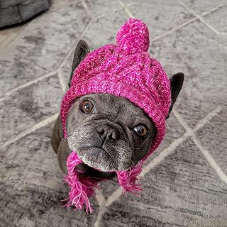 Knitted dog winter hat with ear holes, pom pom, and braided tassels