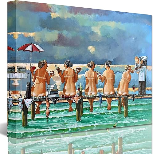 Ronald West Canvas Wall Art: Friends On The Jetty - Beach Girls Picture - Ocean Seascape Painting - Bathroom, Living Room, Bedroom Decor - 16"x24"