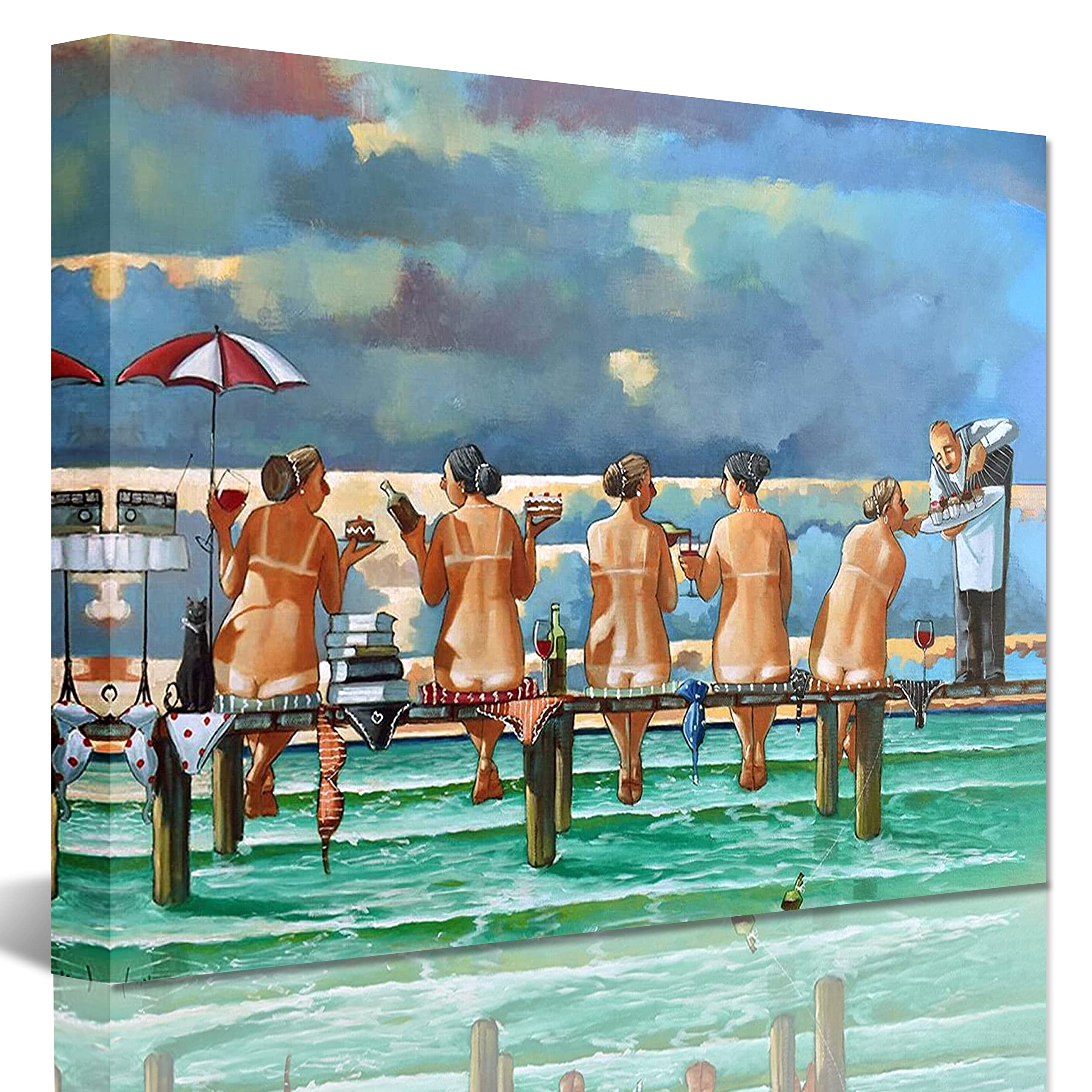 Friends On The Jetty by Ronald West Canvas Wall Art Beach Girls Picture Ocean Seascape Painting Bathroom Beach Decor Blue Sky Beach Beauties Travel Poster Holiday Home Decoration 12"x18"