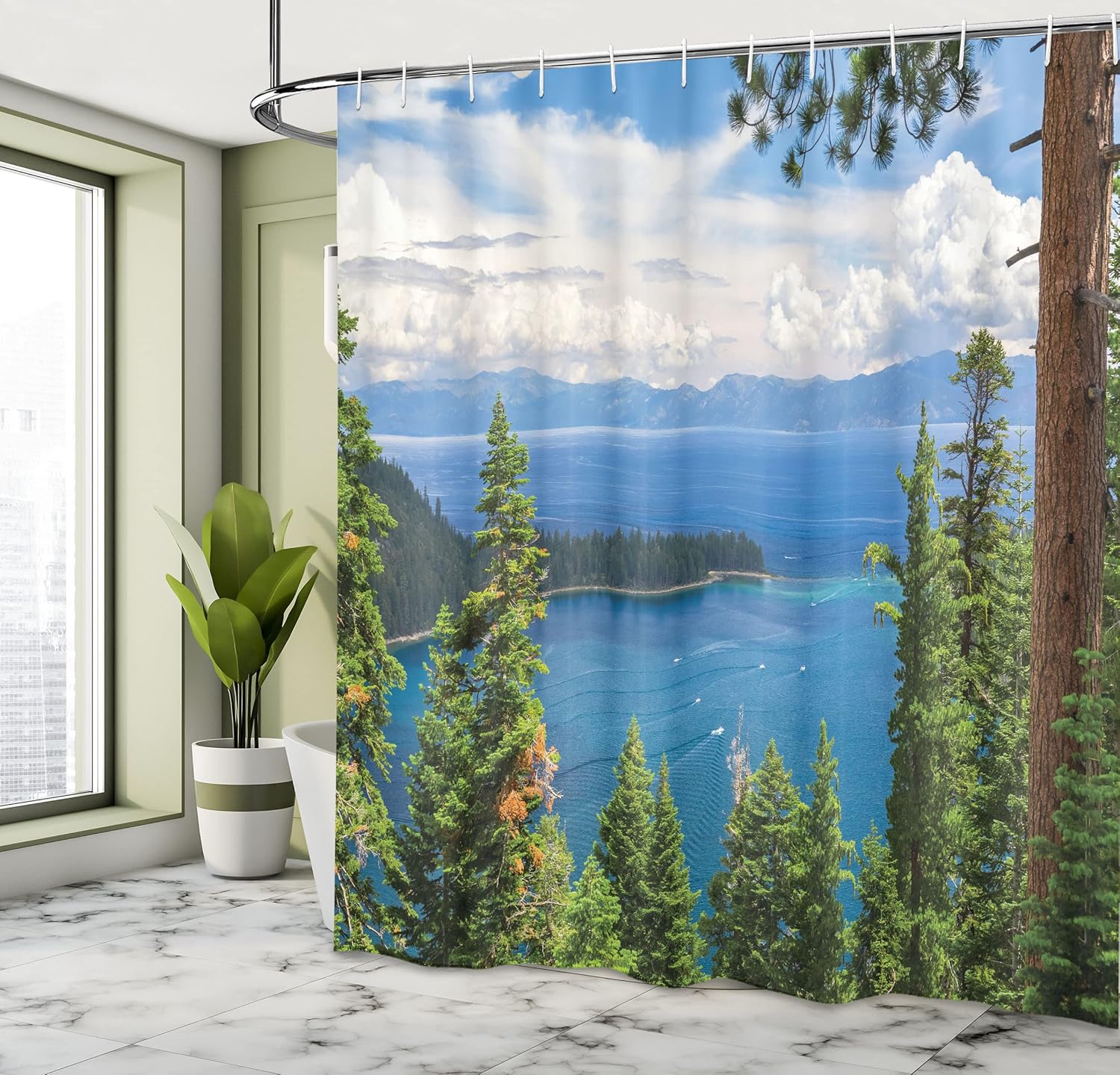 Ambesonne Landscape Shower Curtain, Scenic Nature Aerial Image of The Majestic Lake Above Trees and Mountains in Panoramic Horizon, Cloth Fabric Bathroom Set with Hooks, 69" W x 70" L, White Green