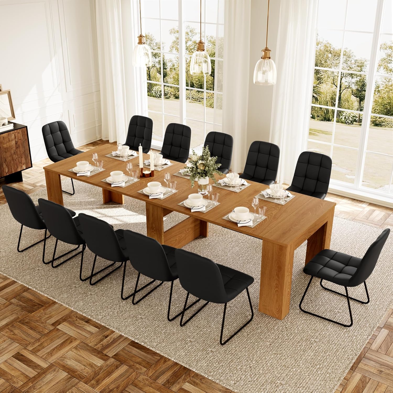 17.7"-118" Extendable Dining Table Set for 12, Extension Long Table Set with Extension Leaves Holder, Space-Saving for Meeting, Dining Room(Walnut Table+12 U-Shaped Black Chairs)