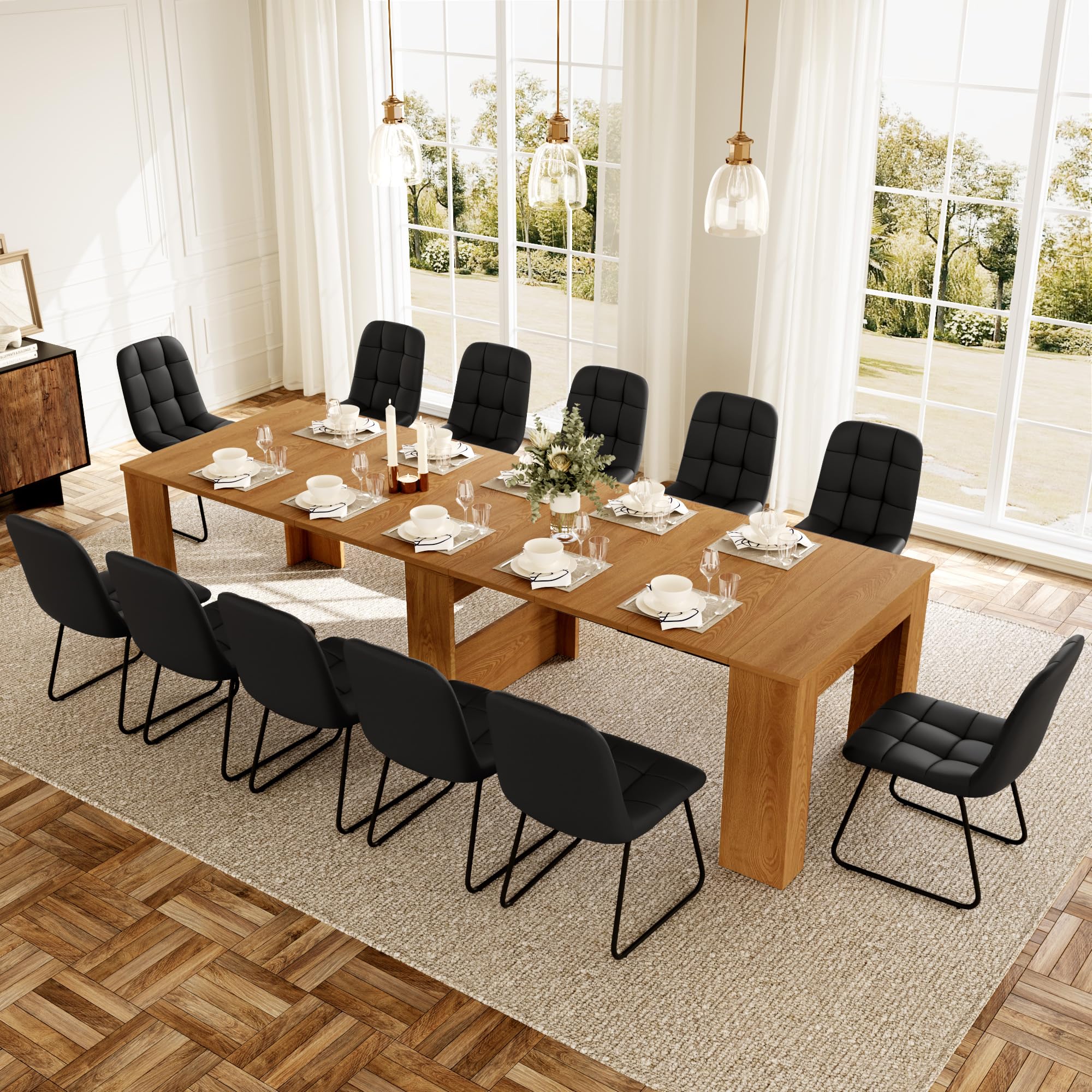 HIPIHOM 17.7"-118" Extendable Dining Table Set for 12, Extension Long Table Set with Extension Leaves Holder, Space-Saving for Meeting, Dining Room(