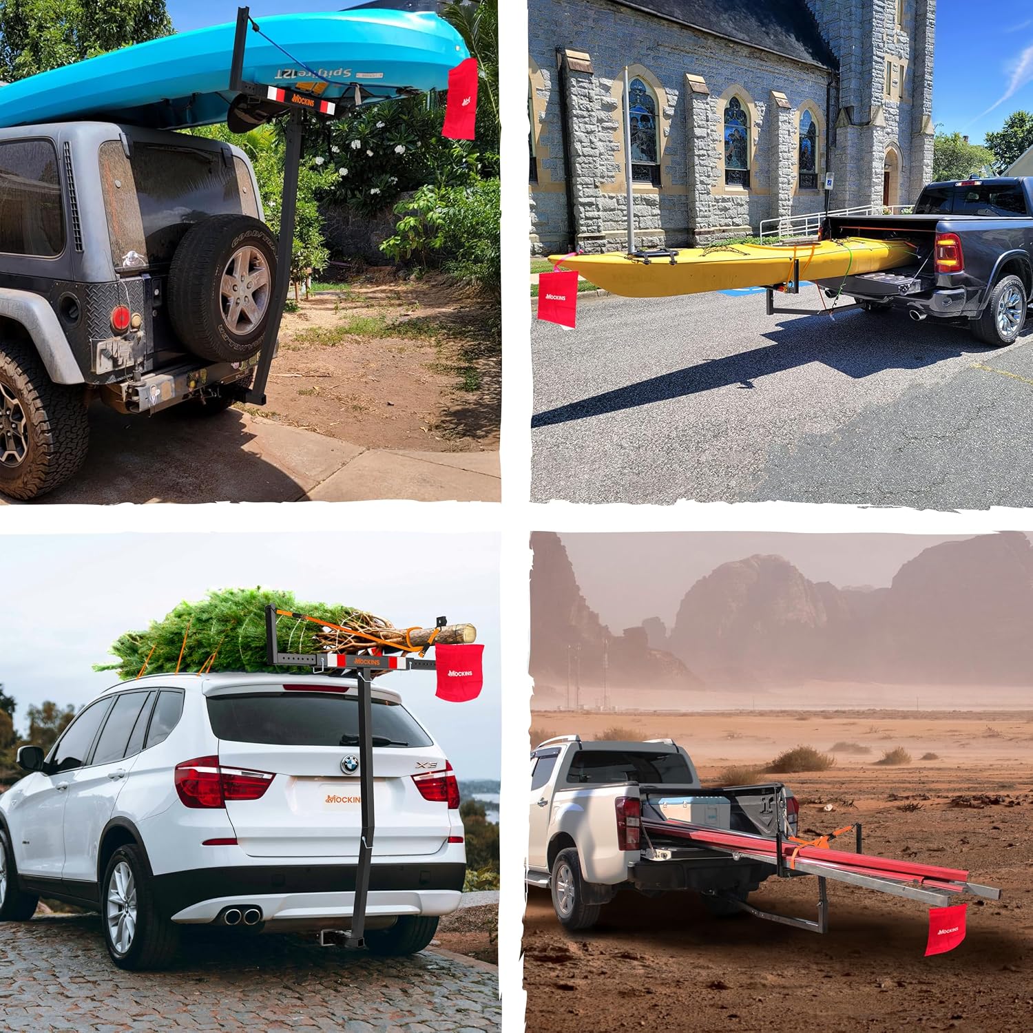 Mockins 750 Lbs. Cap Truck Bed Extender Hitch Mount | 2-in-1 Canoe Trailer & Kayak Rack for Truck SUV Van w/Stabilizer & Straps | All-Weather Steel Hitch Extender for Ladders, Pipes, Lumber & More