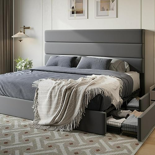 Miniatura 10 de SHA CERLIN Base de cama de plataforma de tamaño matrimonial con 4 cajones de almacenamiento, cabecera tapizada de terciopelo, base de colchón con