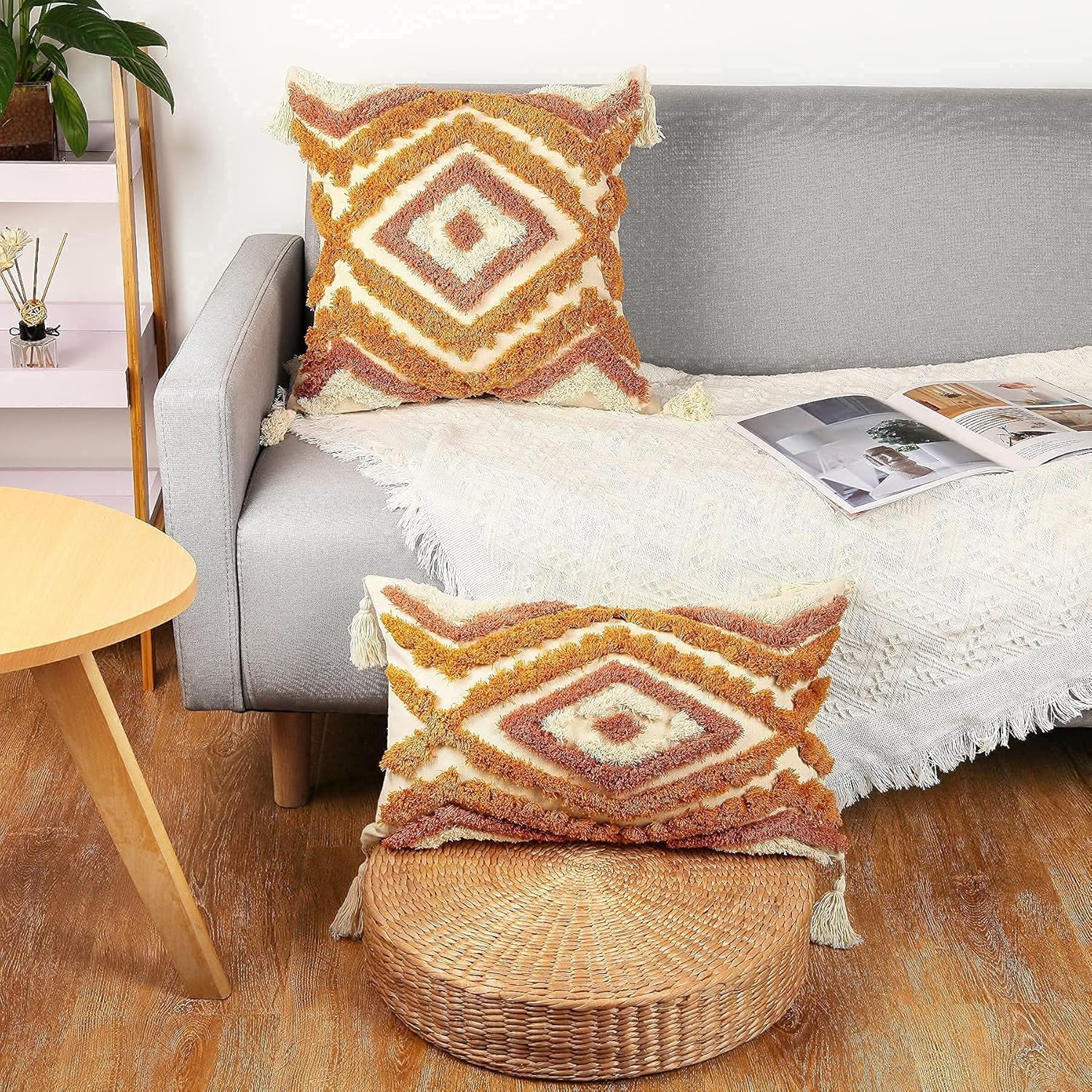 Merrycolor Set of 2 Boho Square and Lumbar Throw Pillow Cover,Bohemian Tufted Decorative Pillow Covers with Tassels for Couch Sofa Bedroom Living Room