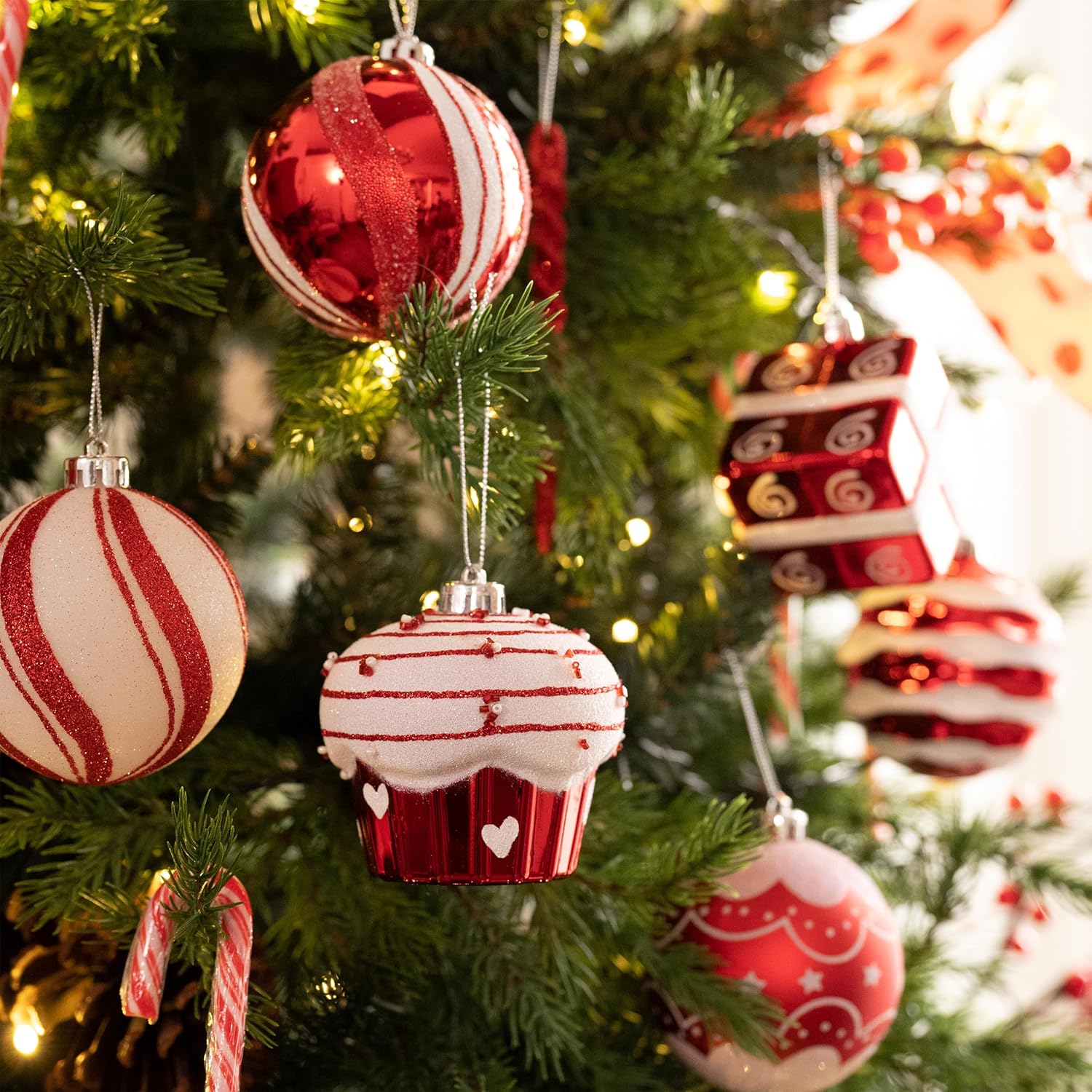 Valery Madelyn Christmas Ornaments Value Bundle(2 Items), 108ct & 16ct Candy Cane Red White Shatterproof Christmas Ball Ornaments Set, Decorative Hanging Ornament Bulk for Xmas Holiday Party Decor