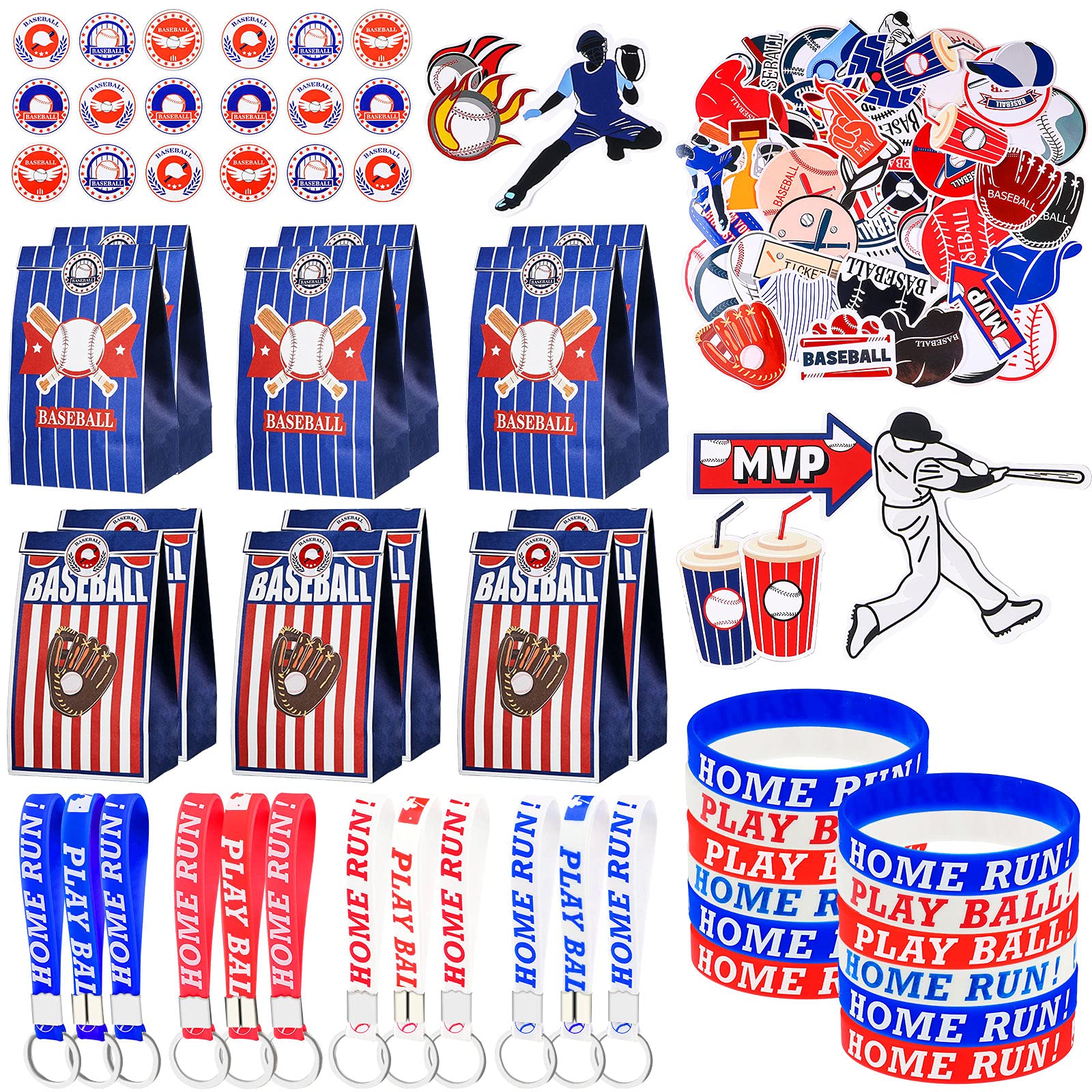Baseball Party Favors Include Silicone Bracelets Keychain Waterproof Baseball Stickers and Party Gift Bags with Sealing Stickers for Baseball Themed