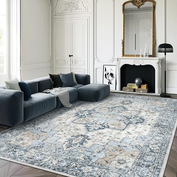 GENIMO 8x10 Area Rugs for Living Room, Machine Washable Non Slip Vintage Rugs, Low Pile Lightweigt Chenille Print Indoor Rug for Bedroom, Dining Room, Home Office, Blue