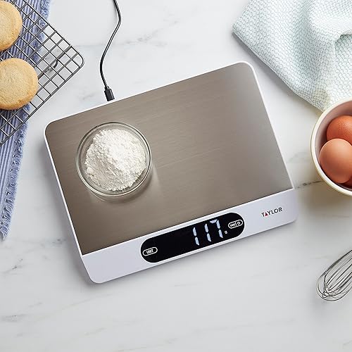 Miniatura 6 de Taylor Báscula de alimentos de cocina de alta capacidad de 22 libras con superficie de acero inoxidable, pantalla retroiluminada y cable de recarga