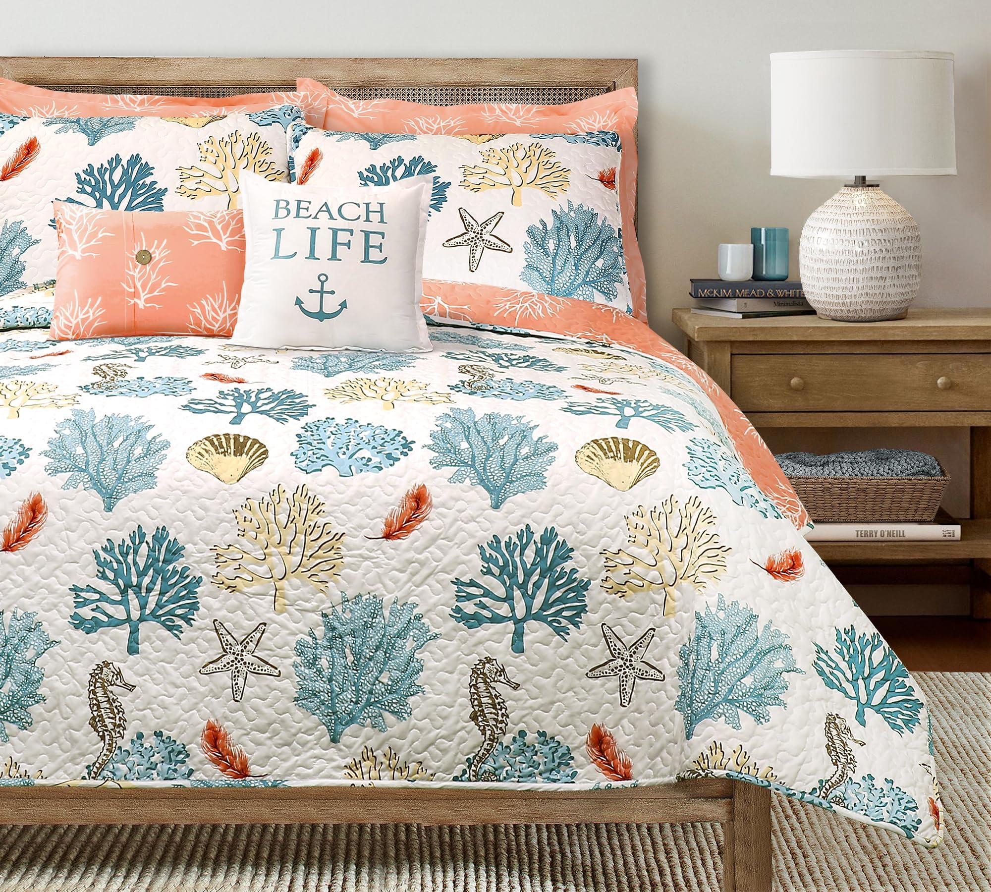 Coastal Reef Feather Reversible Quilt Set, 7 Piece Set Full/ Queen Blue & Coral - Queen Bedding Set Quilted - Coastal Decor - Beach House - Beachy Room