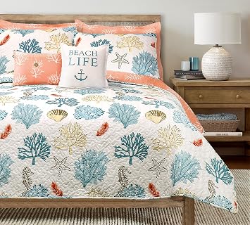 Lush Decor Coastal Reef Feather Reversible Quilt Set, 7 Piece Set, King, Blue & Coral - King Bedding Set Quilted - Coastal Decor - Beach House - Beachy Room