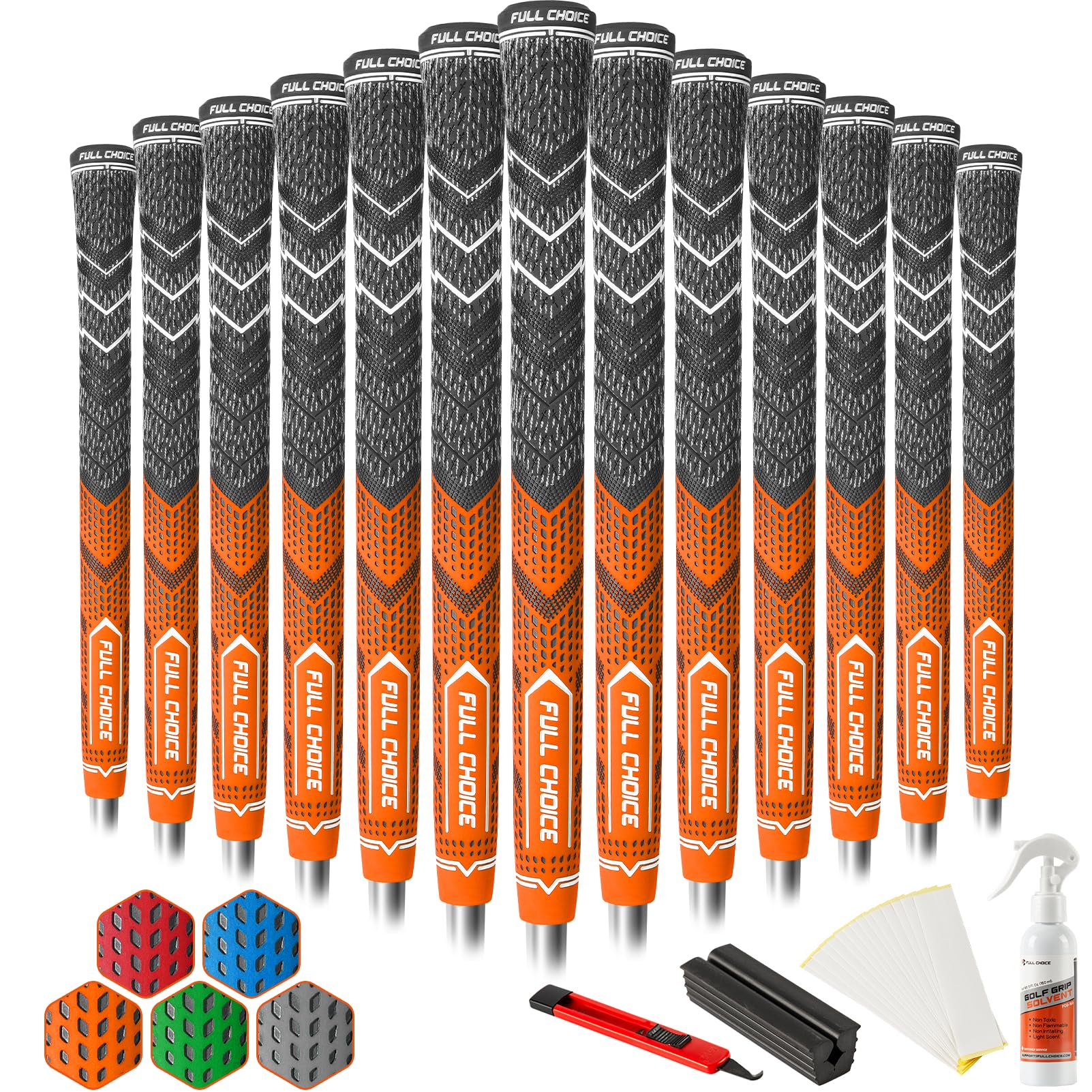 Full Choice Cross Corded Golf Grips 13 Pack with All Kits, Low Taper Design, 3 Sizes 4 Colors Options, Multi-compound Hybrid Golf Club Grips, CG01 Series, Orange, Oversize