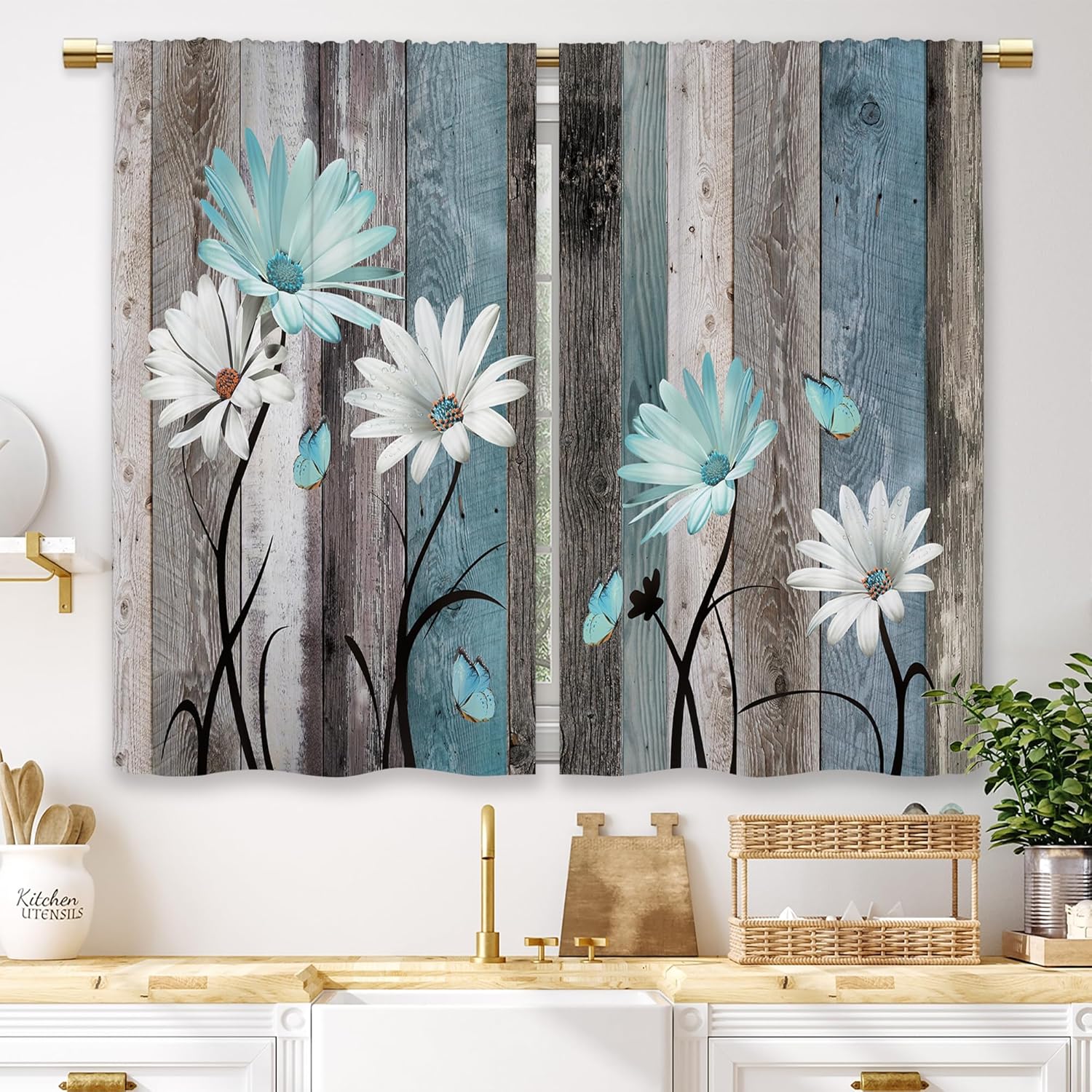 Teal Farmhouse Daisy Kitchen Curtains Wooden Flower Small Short Cafe Window Curtains Rustic Floral Butterfly Country Bathroom Drapes Treatment Tier Curtains 2 Panels (26x30 Inch)