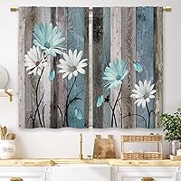 Laifzere Teal Farmhouse Daisy Kitchen Curtains - Rustic Wooden Flower Tier Panels 27.5x39 Inch, 2 Pack Cafe Privacy Drapes