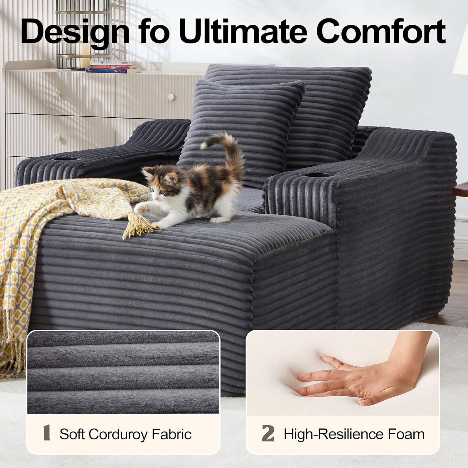 Chaise Lounge Chair Indoor, Cloud Sofa Bed with Cup Holders, Corduroy Upholstered Couch with 17.71" Seat High, Lazy Sofa Bed for Living Room Apart, Fully Assembled - Dark Gray