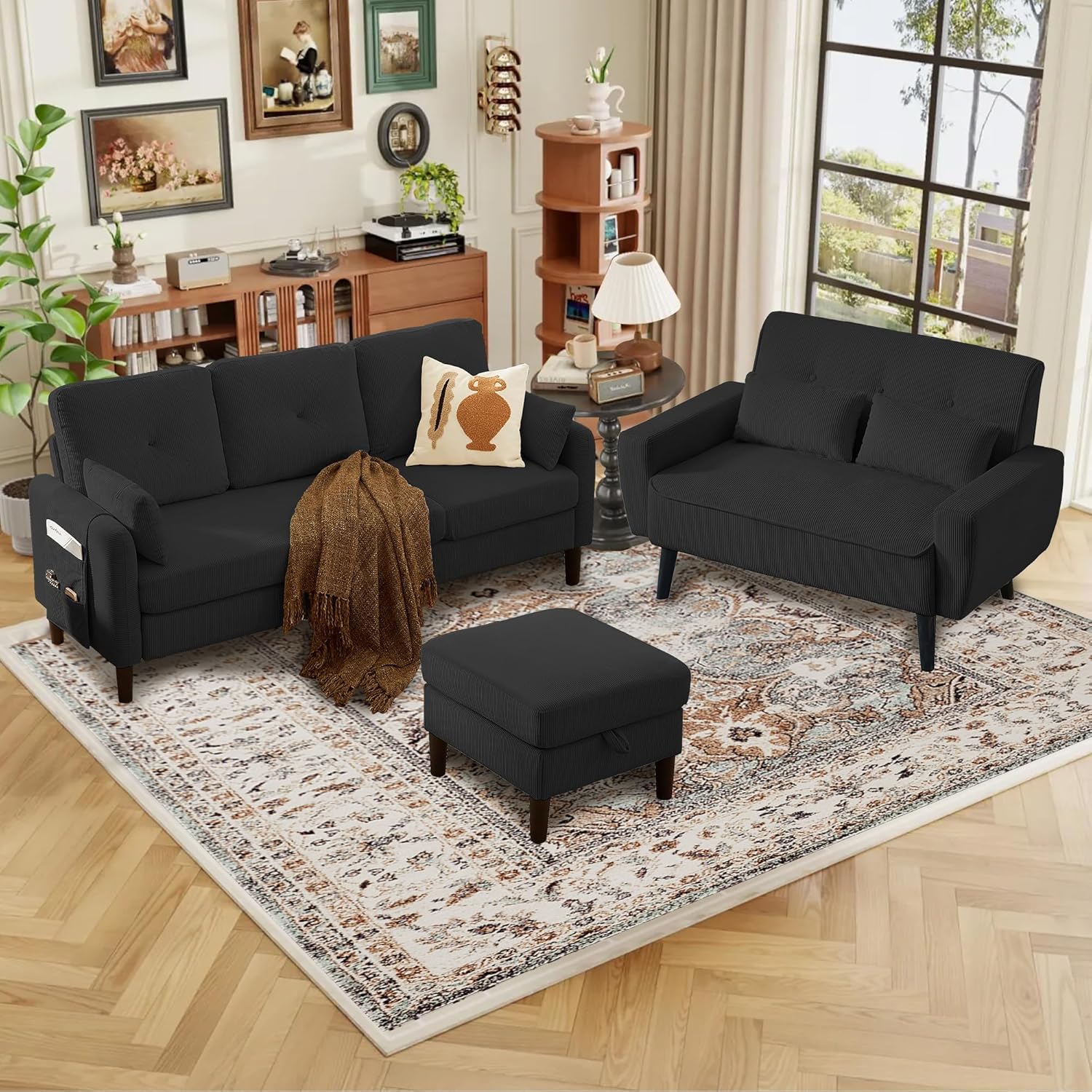 Corduroy Sectional Sofa Set with Storage Ottoman & Loveseat, 3 Seat L-Shaped Couch with Hidden Storage Ottoman, Removable Cushions and Covers,Modern Living Room Furniture (3-Piece Set)