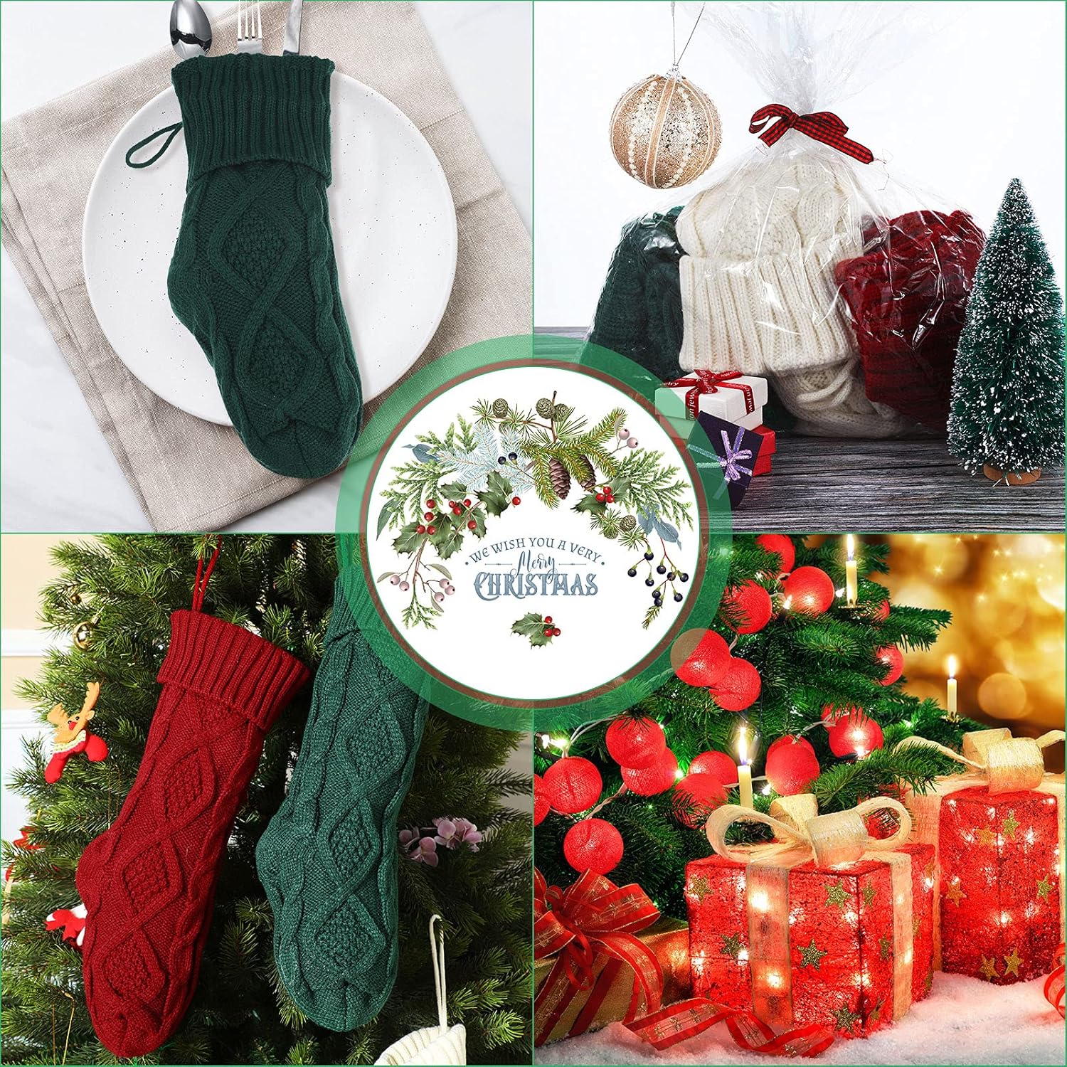 9 Pcs Christmas Stockings Classic Knitted Stockings Rustic Candy Stockings Cable Knit Stockings Xmas Tree Hanging Ornaments for Holiday Fireplace Home Decor (Green, Red, Ivory, Large/ 18 Inch)