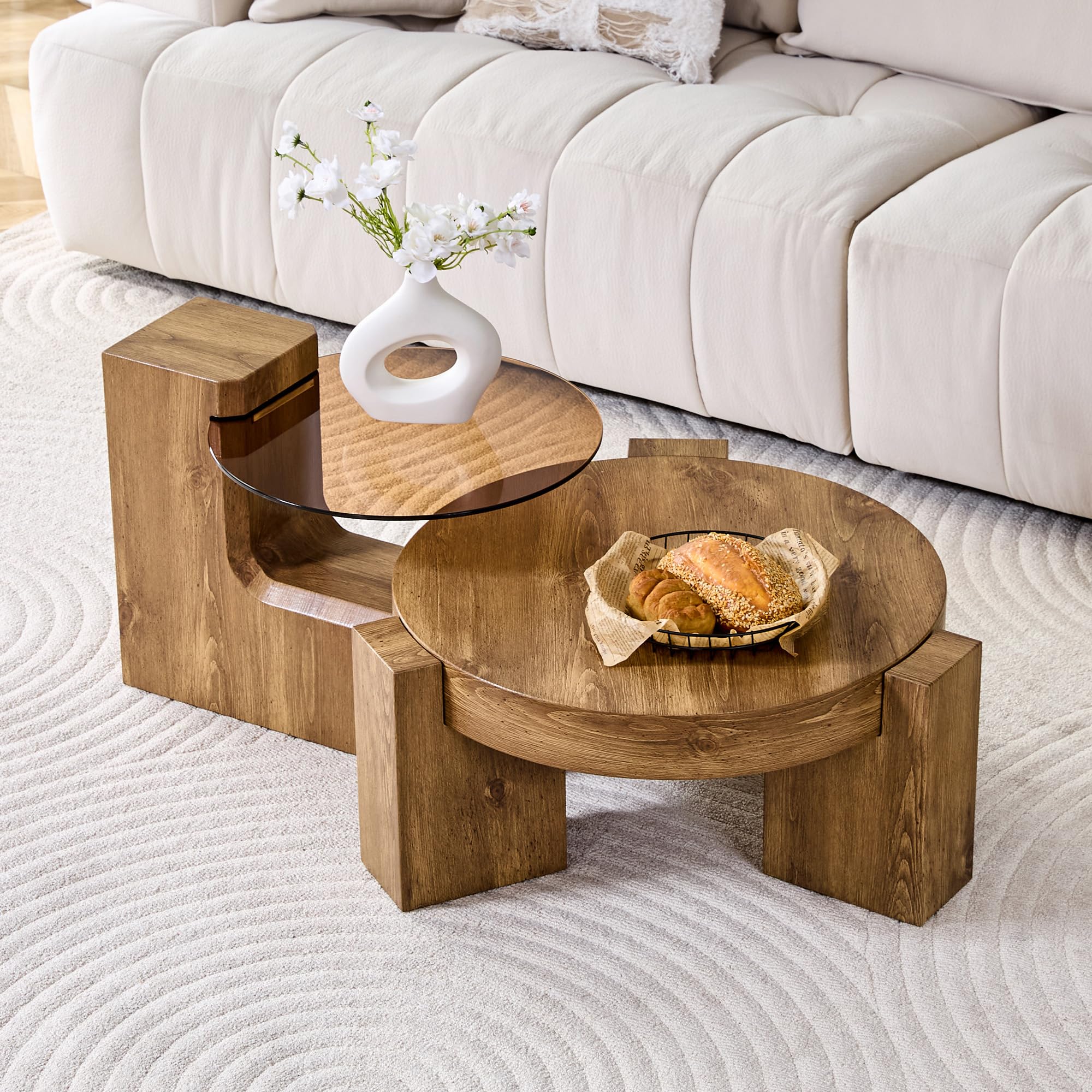 Bladez Mesa de centro con 2 niveles y patas en forma de L, mesa auxiliar redonda desmontable con tapa de cristal marrón transparente y aspecto de madera, para salón, dormitorio, balcón, mesa de centro