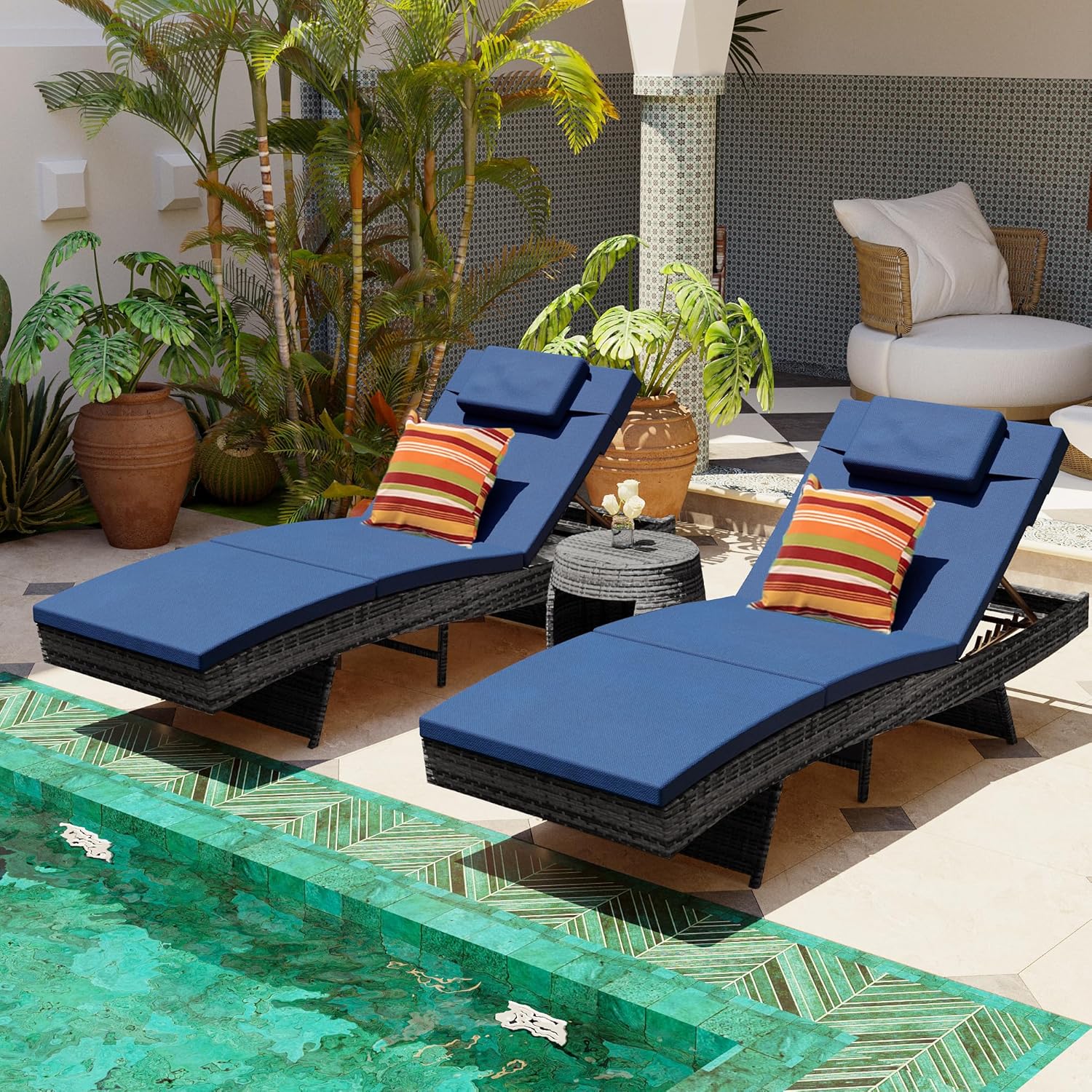 Sundale Outdoor Chaise Lounge Set of 2, Rattan Wicker Patio Lounge Chairs for Outside, Adjustable Chaise Loungers with Cushions & Pillows for Deck, Indoor, Yard, Navy Blue