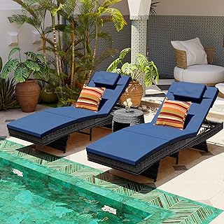 Sundale Outdoor Chaise Lounge Set of 2, Rattan Wicker Patio Lounge Chairs for Outside, Adjustable Chaise Loungers with Cushions & Pillows for Deck, Indoor, Yard, Navy Blue