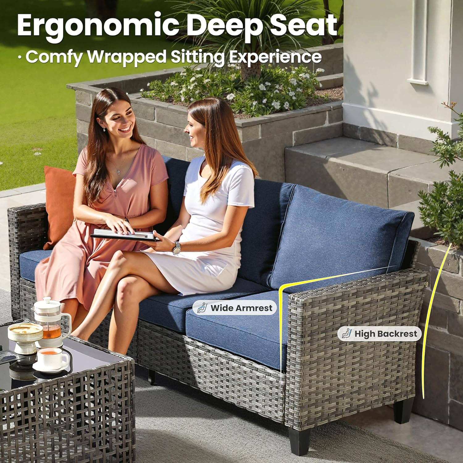 ovios 10 Pieces Patio Furniture Set with Swivel Chairs Rocking Gliders, 54" Fire Pit Table, Outdoor Sofa Couch with Solar Lights Table, Modern Deep Seat Wicker Rattan Conversation Set, Denim Blue