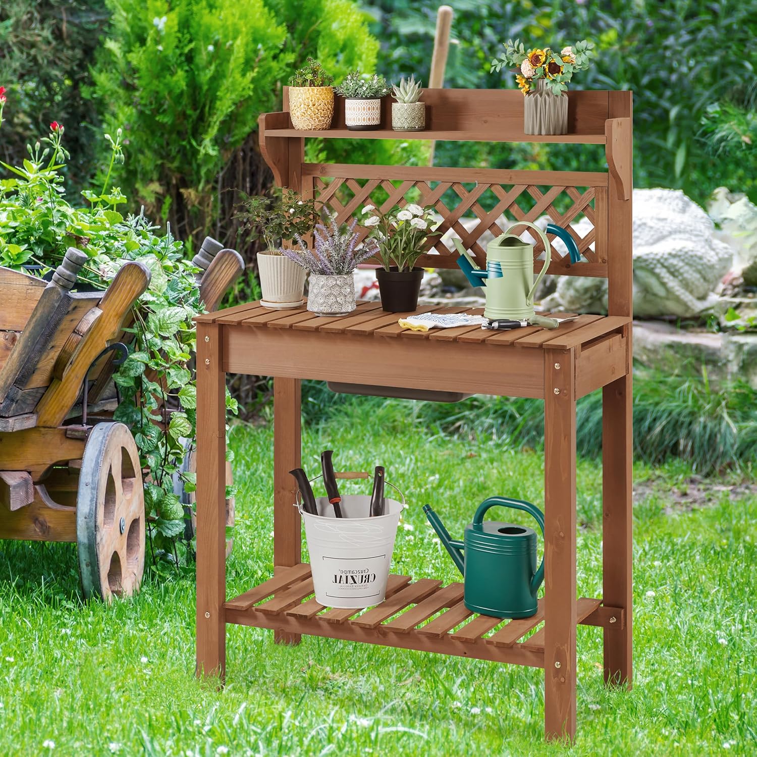 Topeakmart Potting Table Wood Workstation Table w/Sliding Tabletop w/Removable Dry Sink Storage Shelves Outdoor Garden Work Benches Station Planter Bench for Backyard Patio Brown
