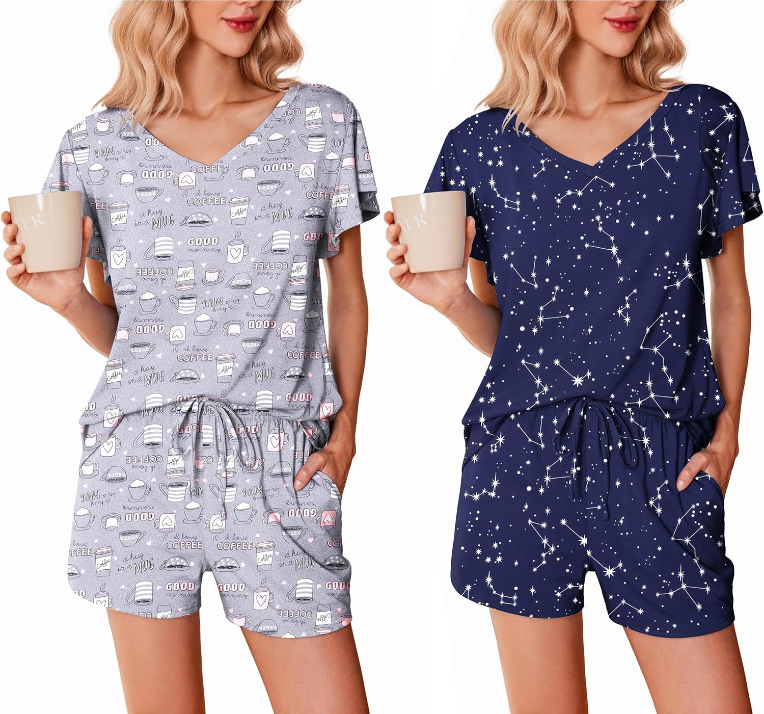 Ekouaer 2 Pack Women's Pajamas Set Soft Ruffle Sleeve Pjs Set Casual V Neck Lounge Set with Pockets