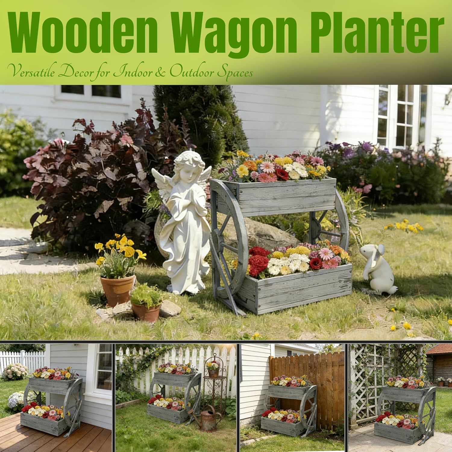 Wooden Wagon Garden Planter Box with Wheels-Indoor/Outdoor Decor for Patio, Backyard, Balcony-Country Farmhouse Flower Box-2 Tier Rustic Garden Raised Bed for Flowers, Herbs, Vegetables