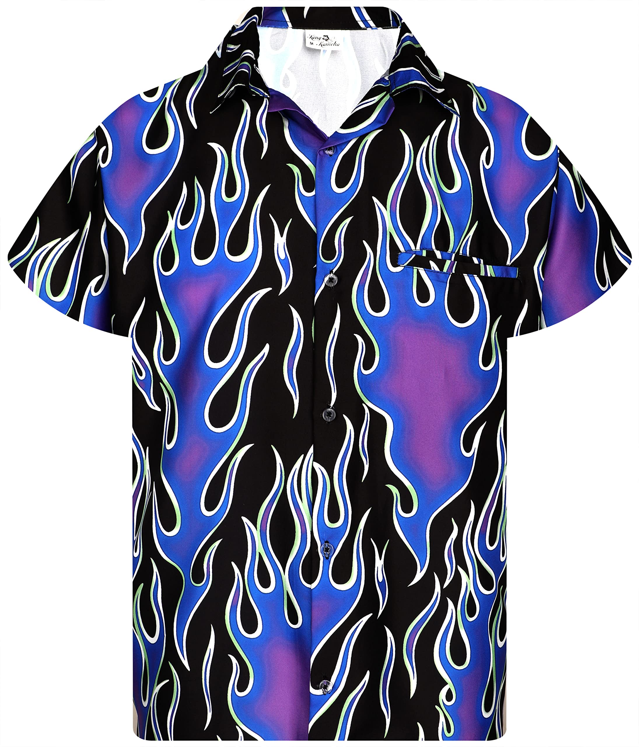 King Kameha Funky Hawaiian Shirt, Men, Shortsleeve, Flames Wild, Purple, XS