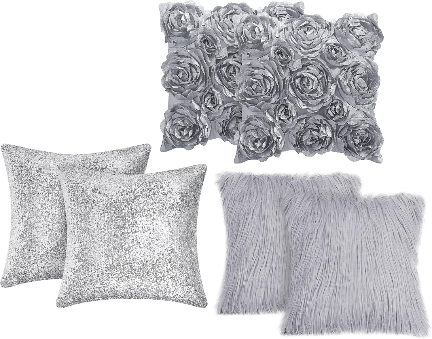 Oudain 6 Pcs Decorative 3D Rose Flower Pillow Cover, 16 x 16 Inch Faux Fur Throw Pillow Covers for Bed Square Sofa Bedroom Car(Pink Colors)