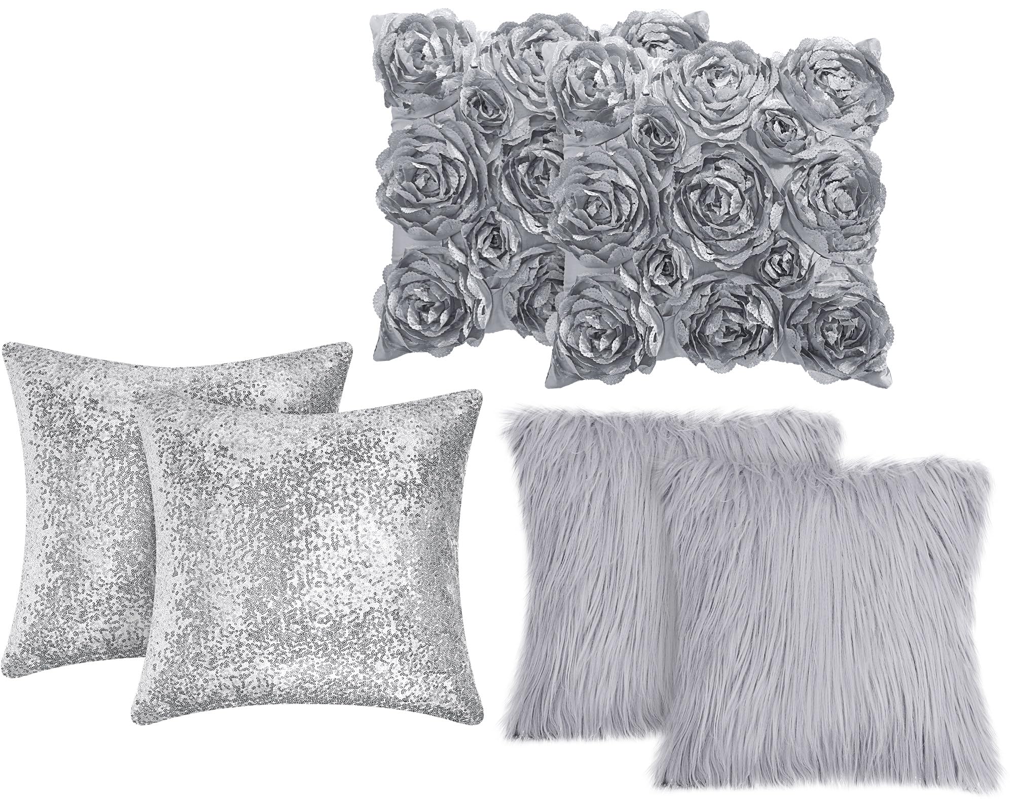 Oudain 6 Pcs Decorative 3D Rose Flower Pillow Cover, 16 x 16 Inch Faux Fur Throw Pillow Covers for Bed Square Sofa Bedroom Car(Gray)