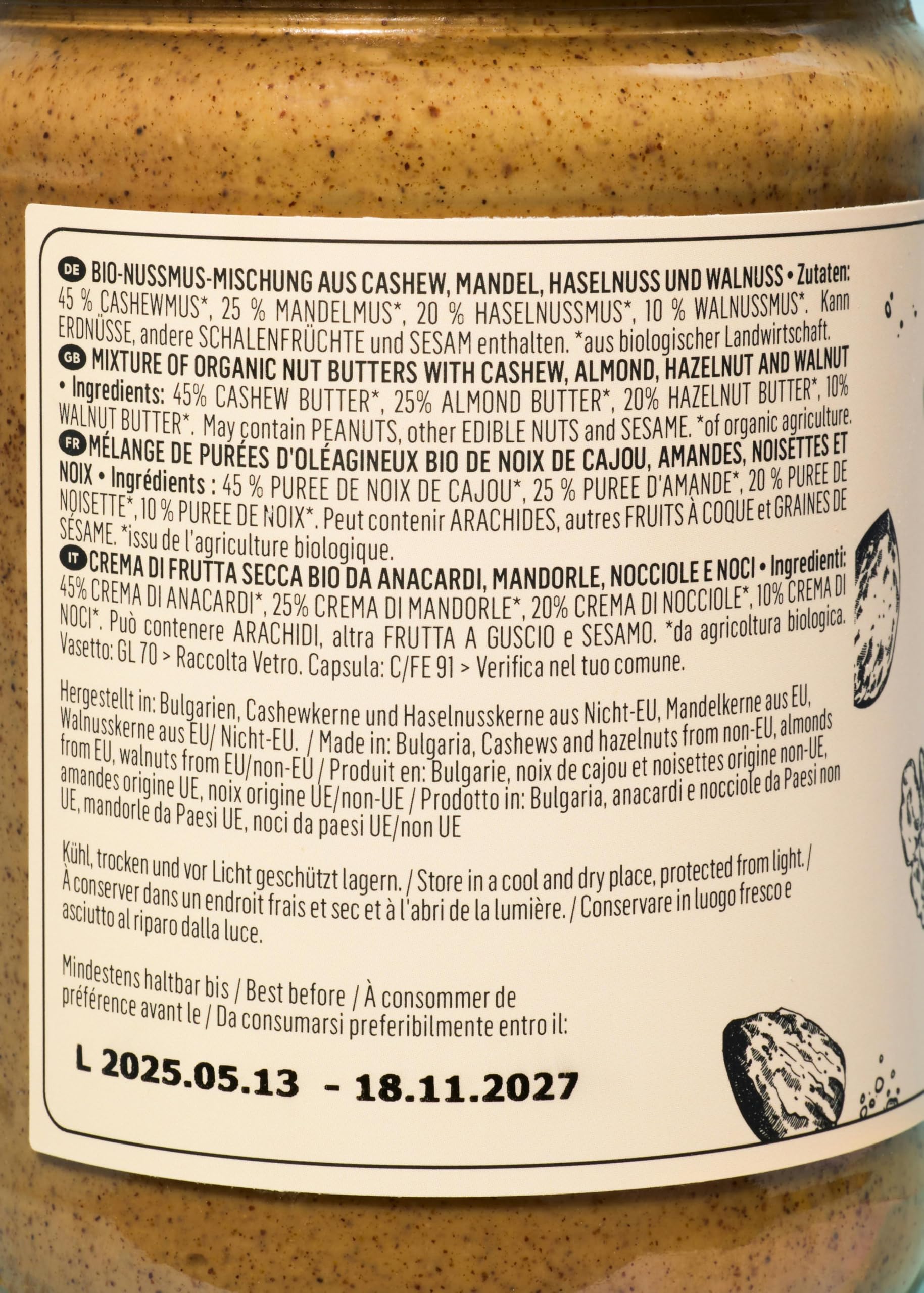 KoRo - Bio 4 Nussmus aus Cashew, Mandel, Haselnuss und Walnuss 6 x 500 g - Vegan - Ballaststoffreich - 100% Nuss - Ohne Zusätze