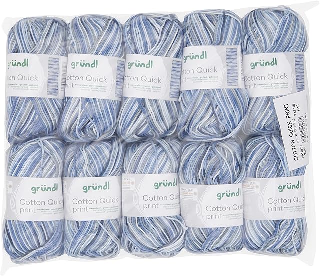 Gründl Cotton Quick Print Knitting Yarn / Crochet Yarn (Colourful Yarn 100% Cotton, Oeko-Tex Certified, 50 g / 125 m, Needle Size: 3 - 4, 10 x 50 g), Blue/Navy/Grey Mix Colour, 35 x 24 x 7 cm