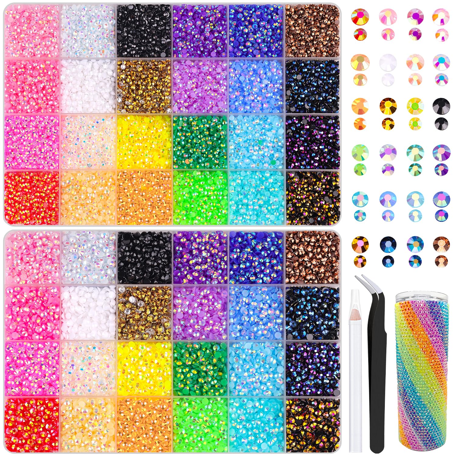 2 Boxes Jelly Rhinestones for Bedazzling, 36600Pcs 3mm & 4mm Multicolor Flatback Resin Gems for Crafting, Bedazzler Kit with Tweezer for DIY Crafts Book Fabric Decor Nail Art