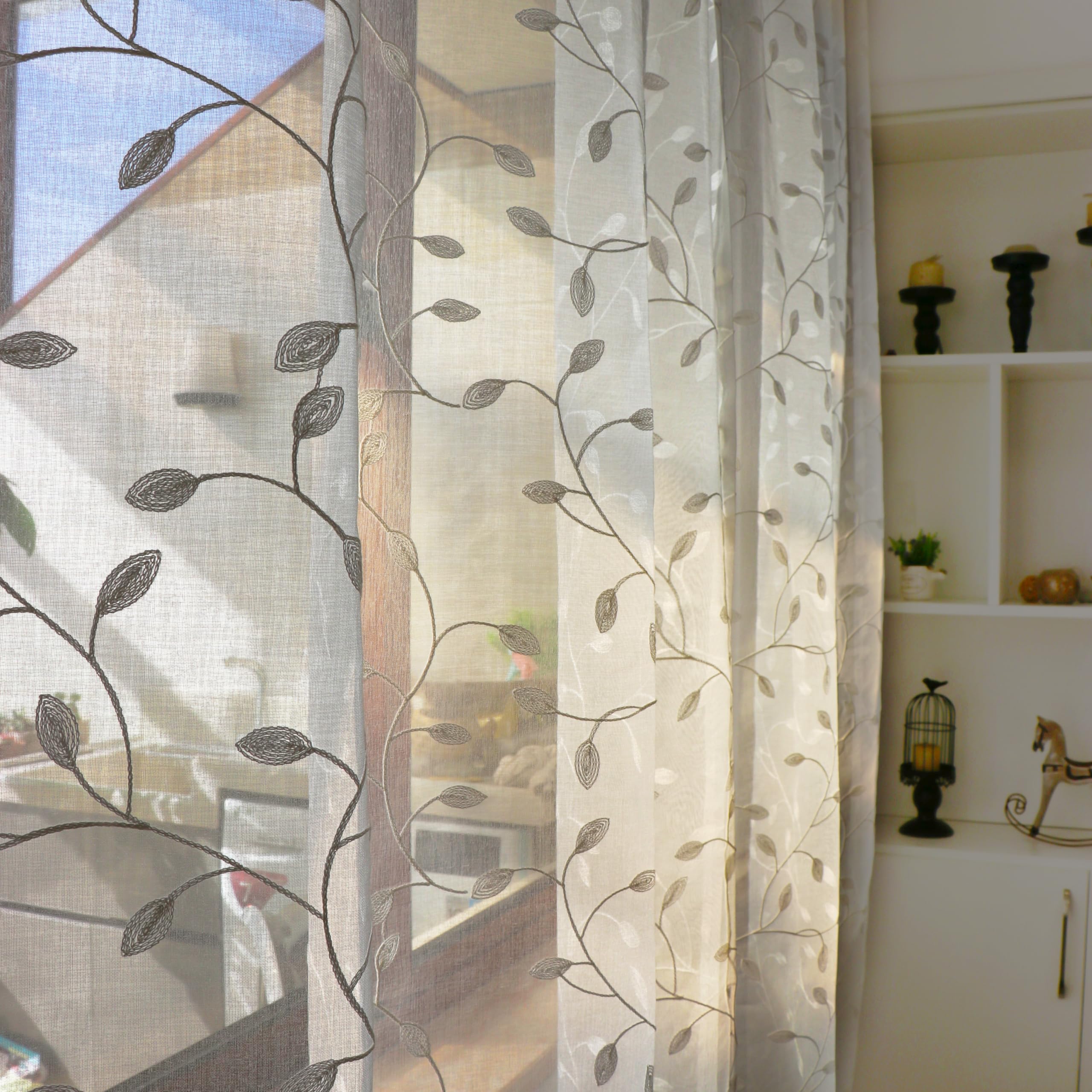 SLOW SOUL 2 Panels White Embroidered Leaves Sheer Curtain Faux Linen Semi Sheer Voile Window Curtains Drapes for Bedroom Living Room Rod Pocket 52W X 69L inch