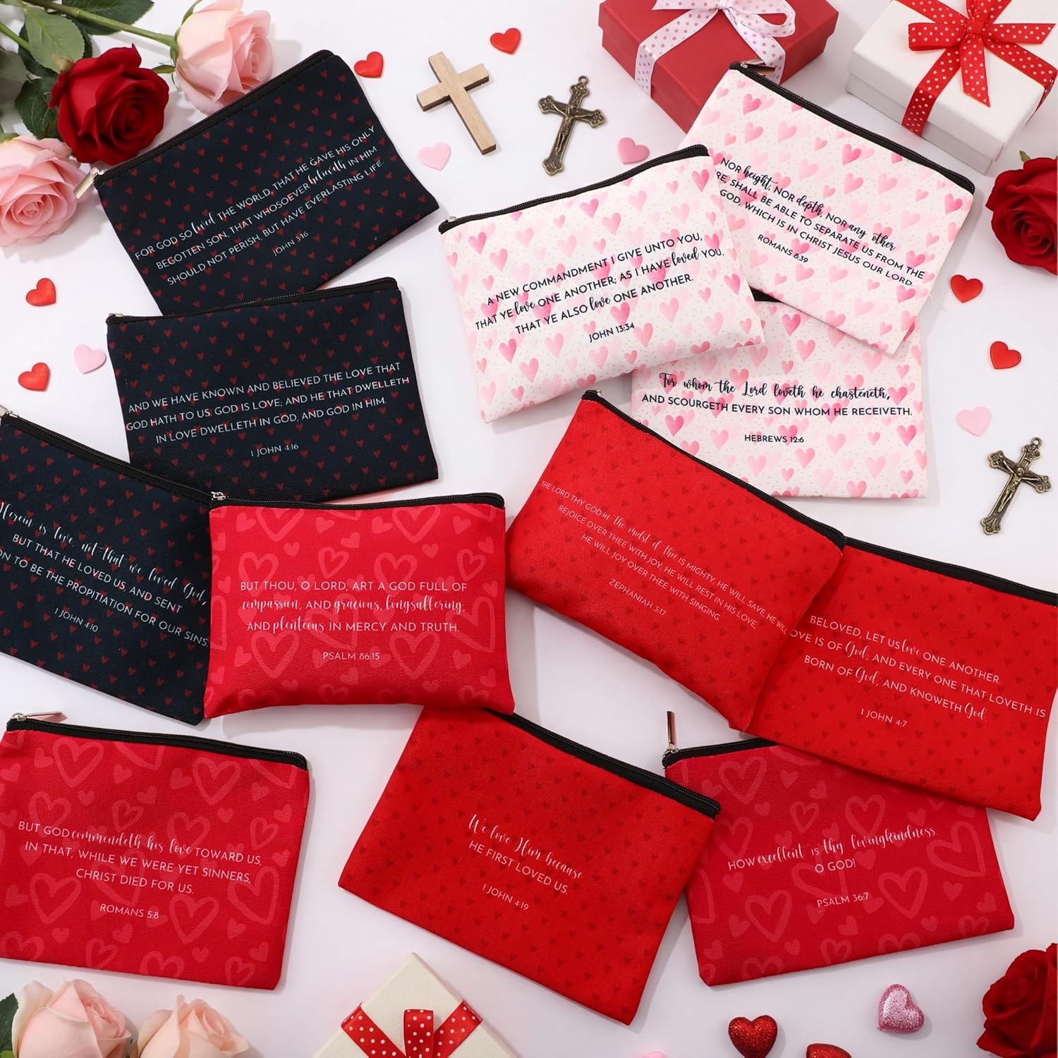 Yinkin 12 Pcs Christian Valentine's Day Makeup Bags Bulk Christian Gifts for Women John 3: 16 Bible Verse Cosmetic Bags Pencil Pouch Inspirational Religious Prize Award for Church Sunday School Favor