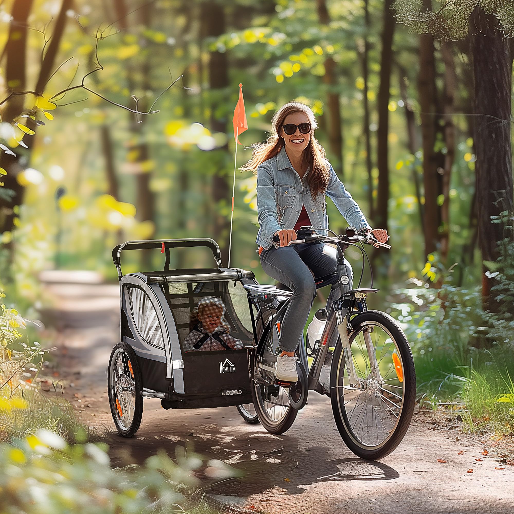 HOMCOM 2 in 1 Kinderfahrradanhänger, Kinderanhänger, Fahrradanhänger mit Mesh-Tür, 360° Drehbares Vorderrad, Buggy mit Bremse, Anhänger, 142 x 75 x 101 cm