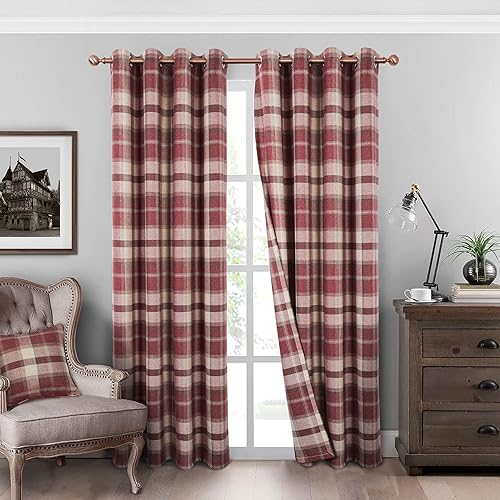 Miniatura 10 de always4u Cortinas a cuadros con aspecto de lana, paneles de ventana modernos de Navidad, cortinas de tartán a cuadros rojos y verdes para sala de
