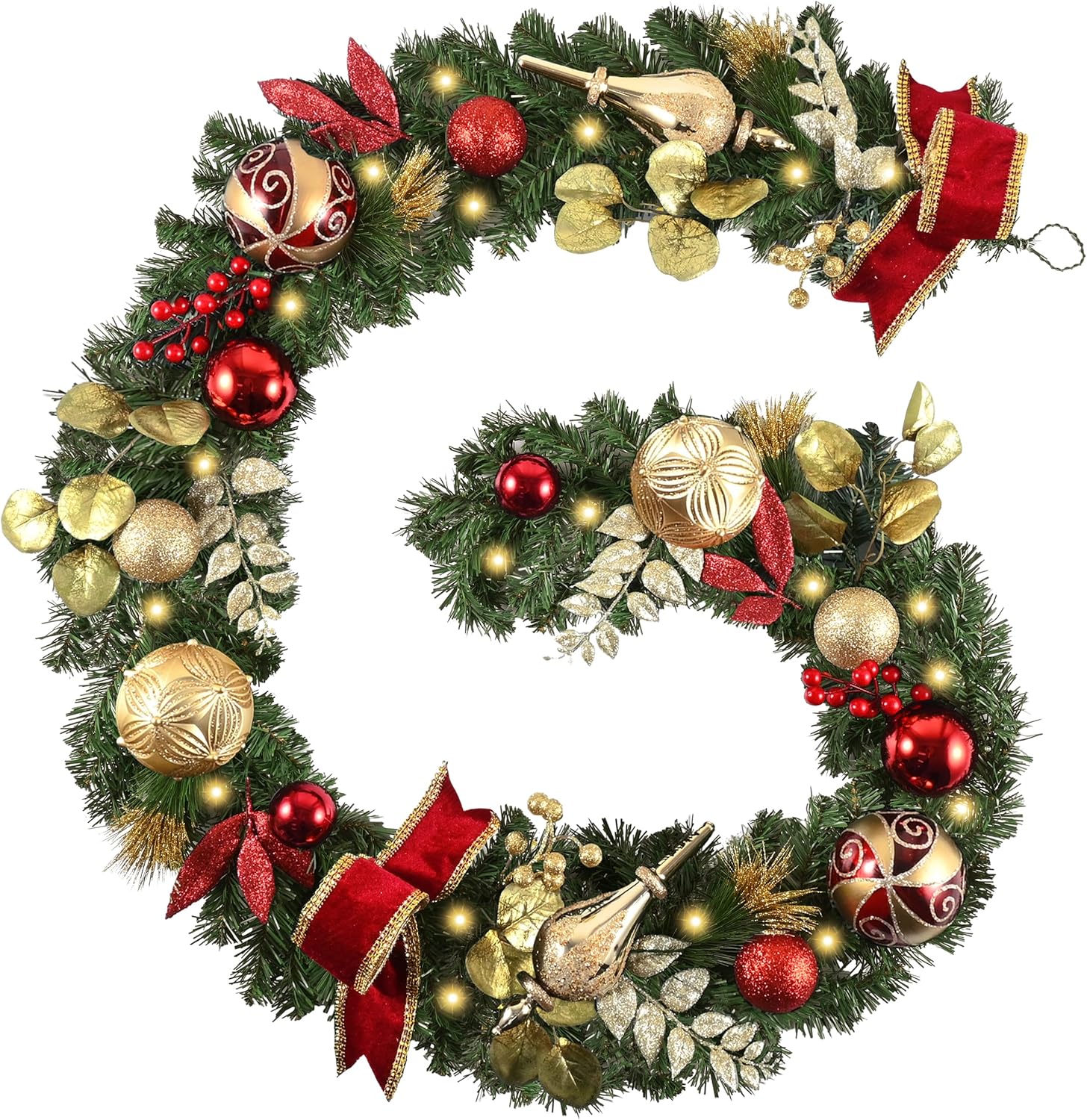 Valery Madelyn 6 Feet Pre-Lit Christmas Garland with Lights for Mantle, Lighted Outdoor Xmas Garland with Red Gold Ball Ribbons for Home Stairs Fireplace Table Centerpiece Indoor Holiday Party Decor