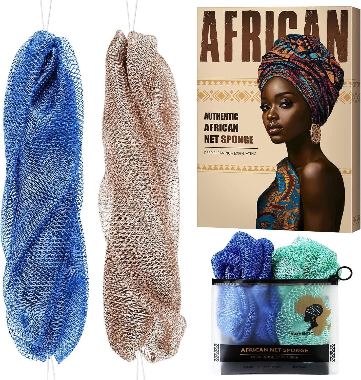 Authentic African Net Sponge with Knots - Afro Scrubber Bath Loofah Exfoliating Net Sponge for Shower - 4 Pack African Bath Sponges Exfoliator for Most Skin Types Back Scrub Washer Accessories