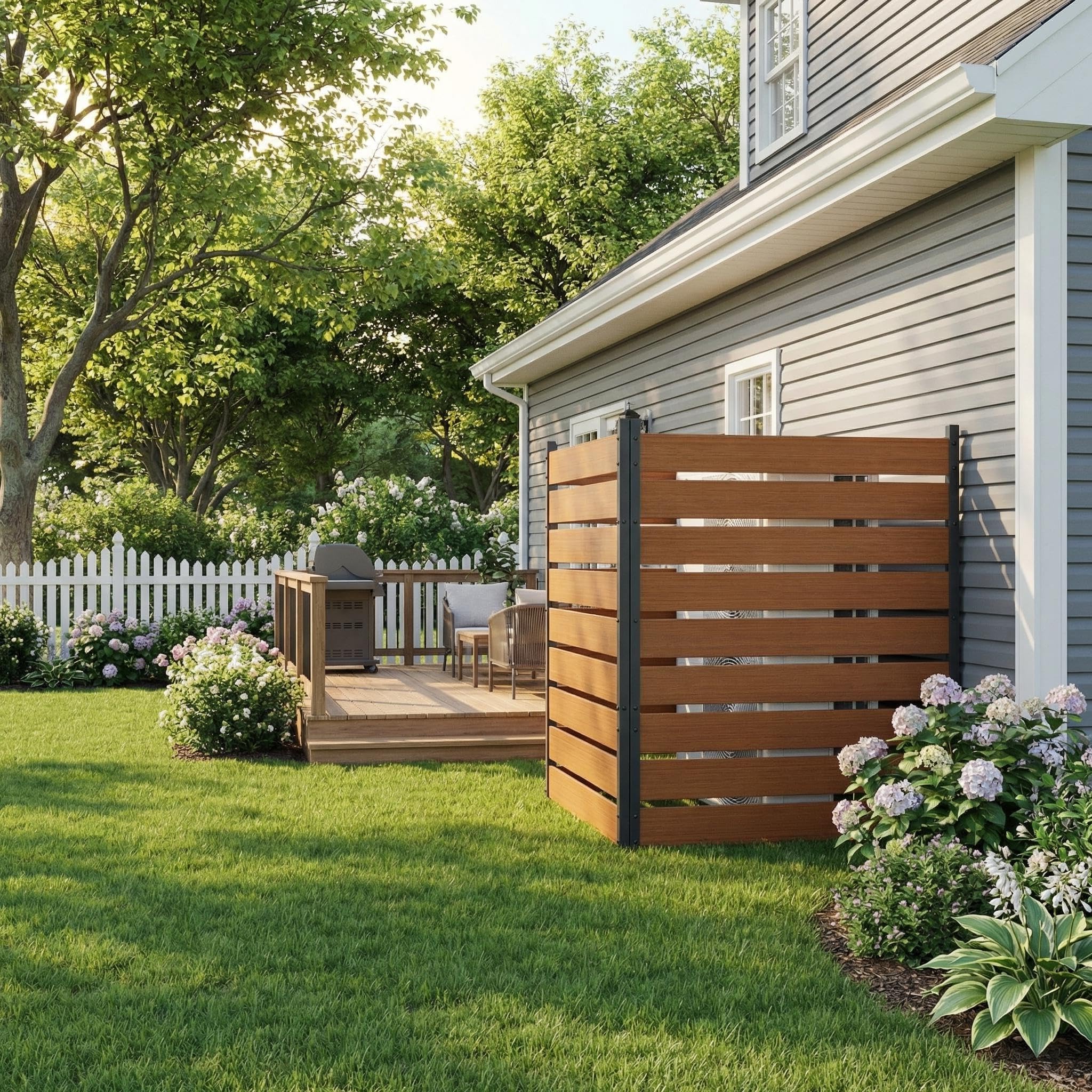 2-Panel Garden Privacy Screen, 96.5W x 127H cm No-Dig Air Conditioner Cover & Wheelie Bin Store, Weatherproof Vinyl Fence with Aluminium Frame, Decorative Outdoor Partition for Pool Equipment Patio