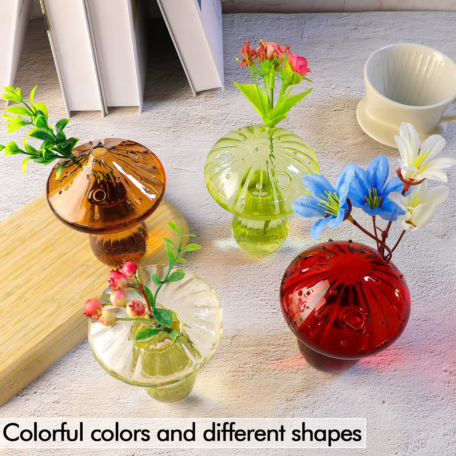 Lot de 4 vases en verre en forme de champignon - Vase hydroponique transparent - Fleurs et plantes pour décoration de table, décoration de maison, fête de mariage (4 couleurs)