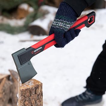 INTERTOOL Hatchet Lightweight for Camp Firewood Splitting & Kindling - Small 14 Wood Chopping Axe with Shock Absorbing Anti-Slip Handle & Sheath - Ax for Outdoor, Hiking, and Gardening - HT08-0291