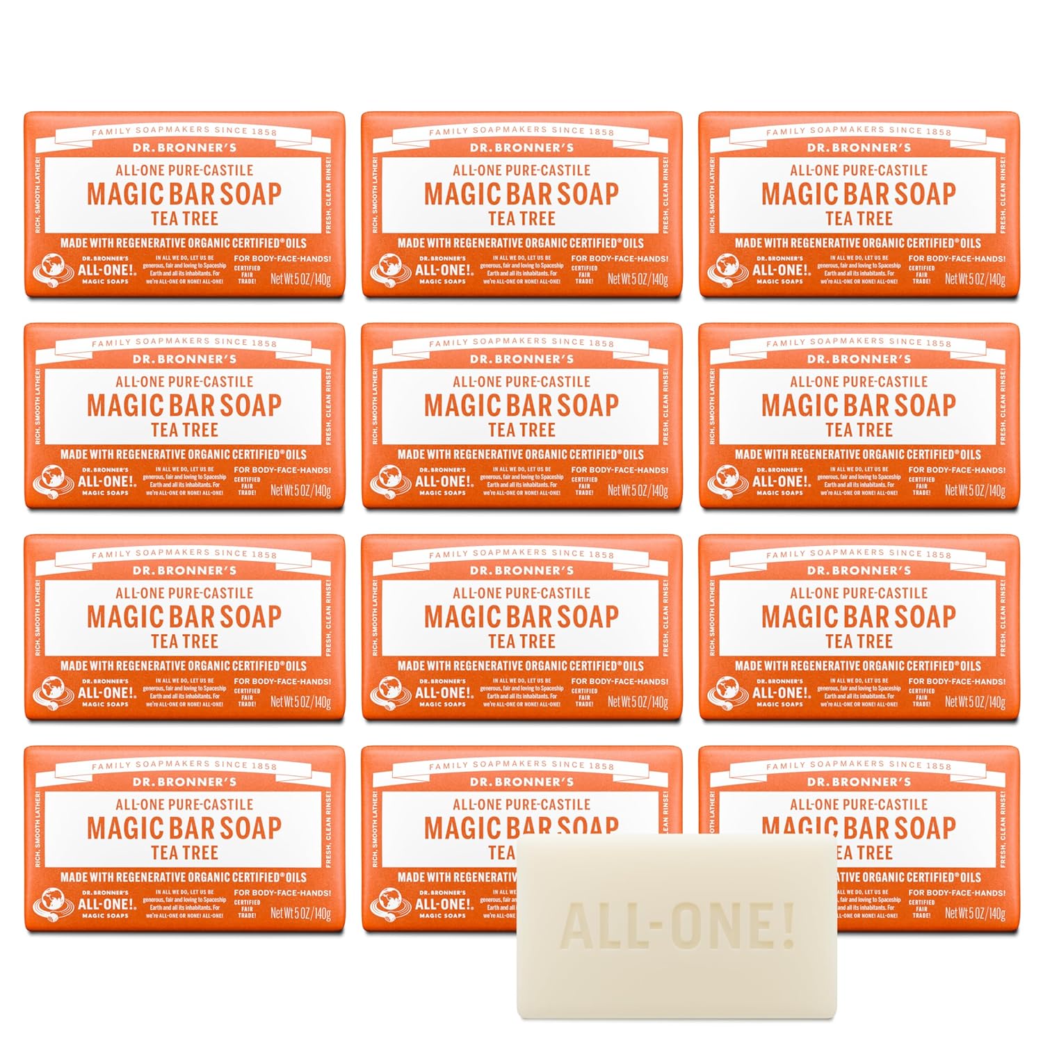 Dr. Bronner's Pure-Castile Magic Bar Soap - Tea Tree, Made with Regenerative Organic Certified Oils, For Face, Body & Hair, Gentle, Vegan, Non-GMO (5oz, 12-Pack)