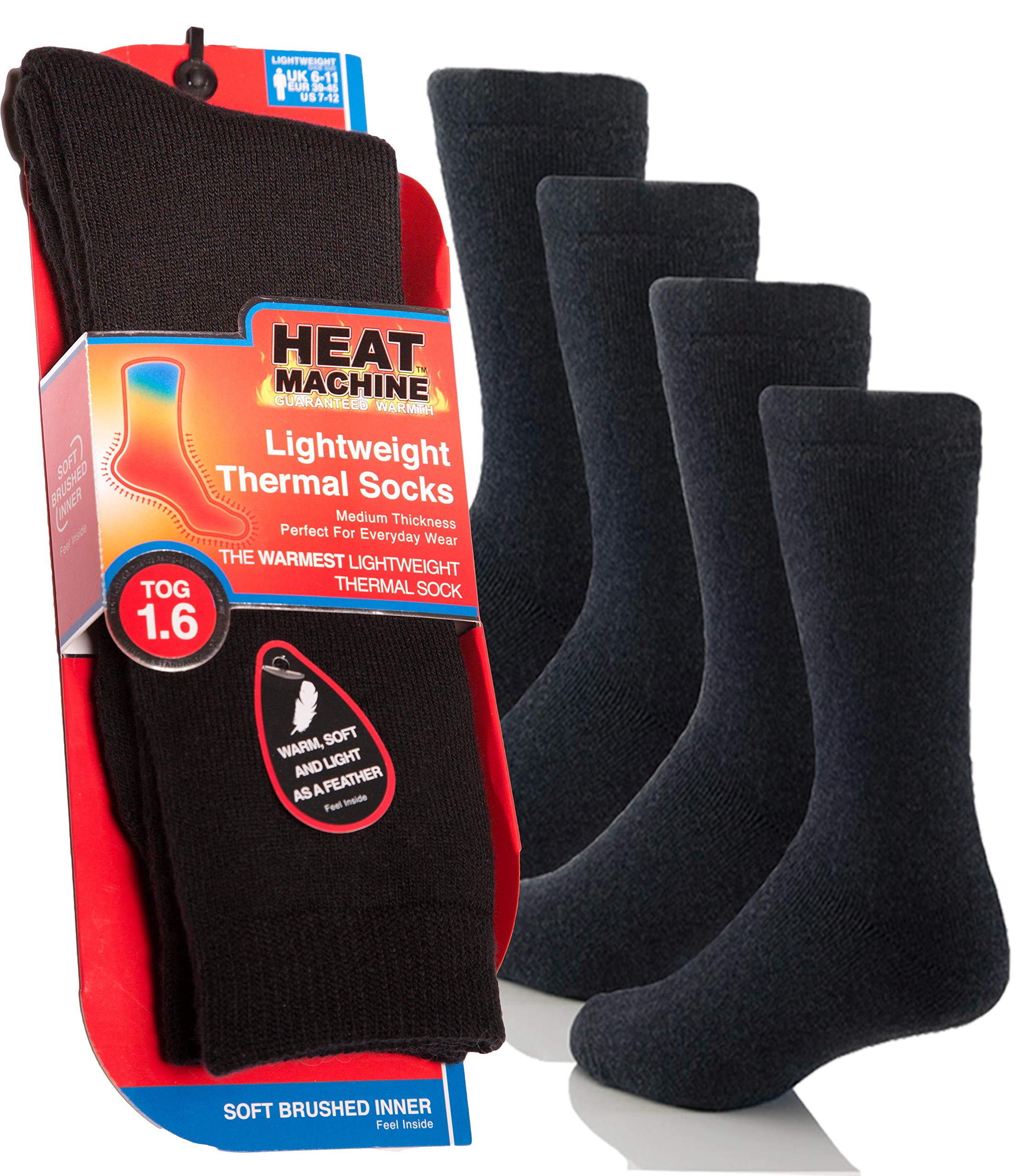 Heat Machine Men's Black Thermal Socks Thick Tog - Pair - Lightweight For Winter Hiking Walking Work Everyday