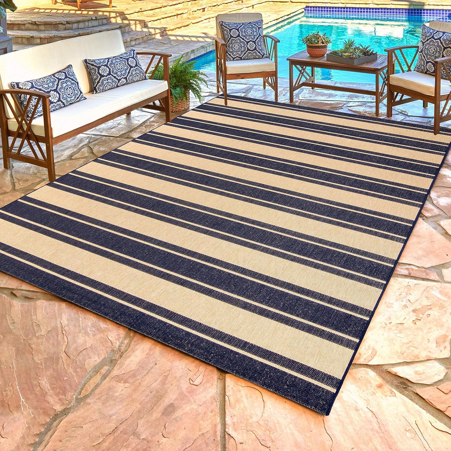 gertmenian indoor outdoor classic flatweave area rug, stain & uv resistant carpet, deck, patio, poolside & mudroom, 6x9 ft medium, stripes, navy blue, 22212 stripes navy blue 6'6" x 9'6" (rectangular)
