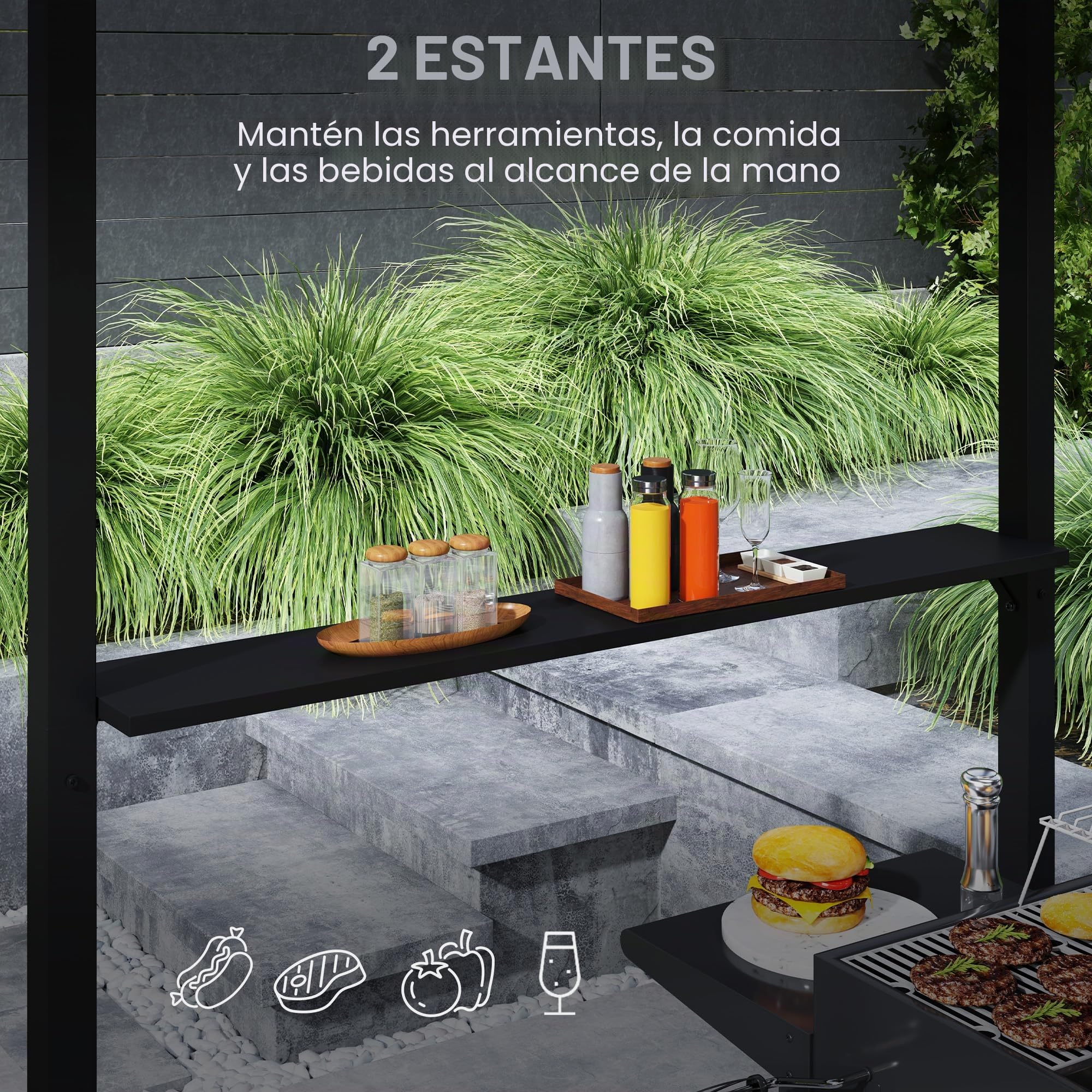 Outsunny Barbacoa cenador rígido de Doble Techo, cenador de jardín con 2 estantes y Gancho Superior, toldo de Barbacoa para terraza de jardín, 244x184x258cm, Negro