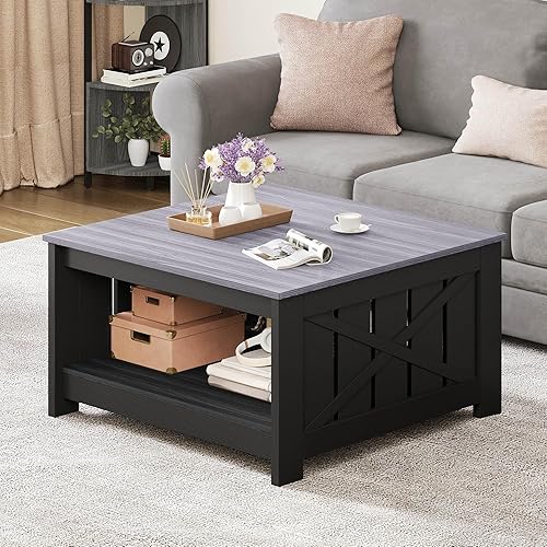 Miniatura 38 de YITAHOME Mesa de centro de granja con almacenamiento, mesa de cóctel de madera rústica, mesas de centro cuadradas para sala de estar, sala de Gris